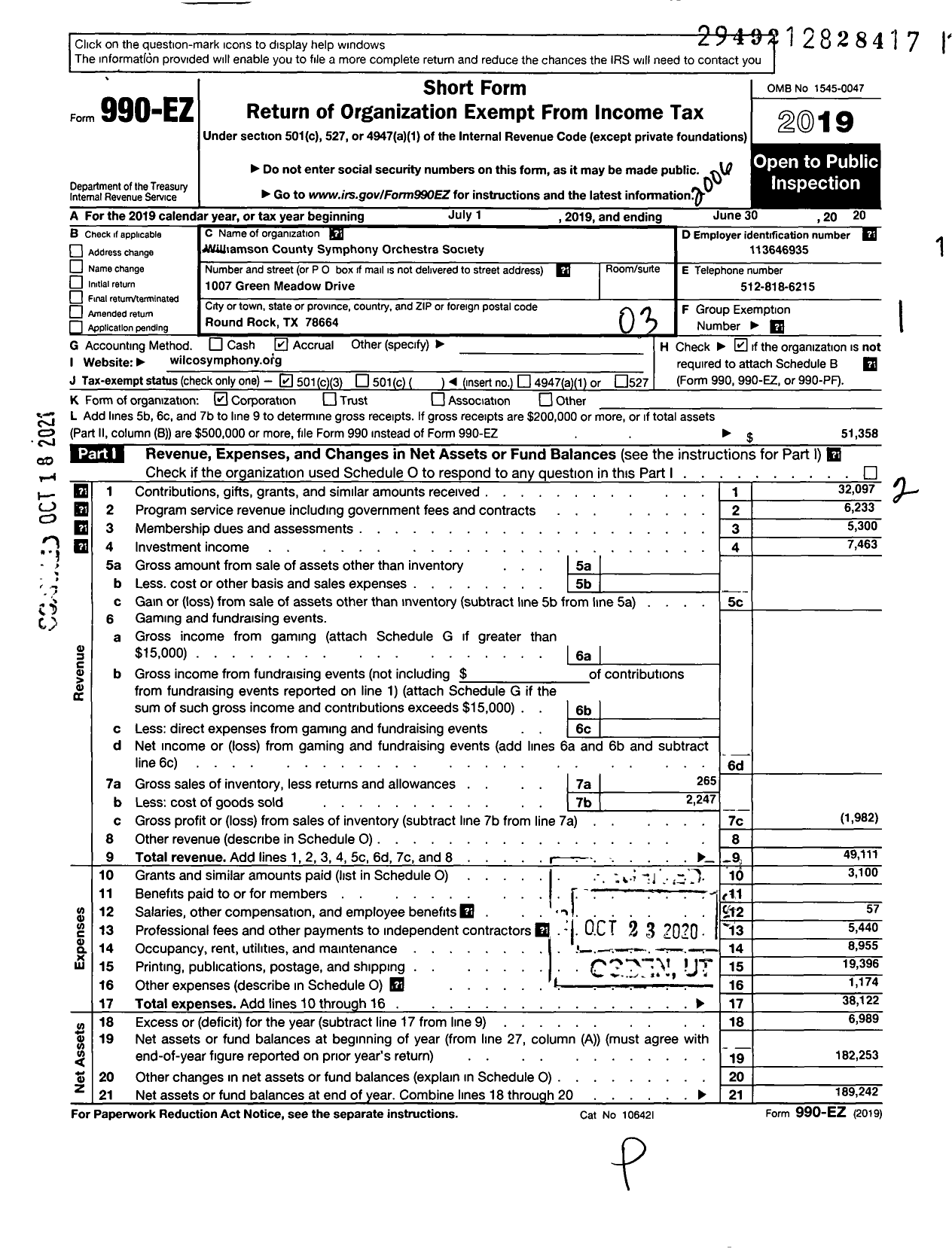 Image of first page of 2019 Form 990EZ for Williamson County Symphony Orchestra Society