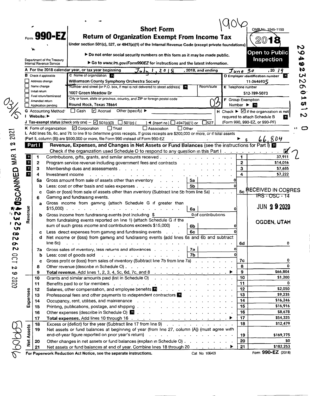 Image of first page of 2018 Form 990EZ for Williamson County Symphony Orchestra Society