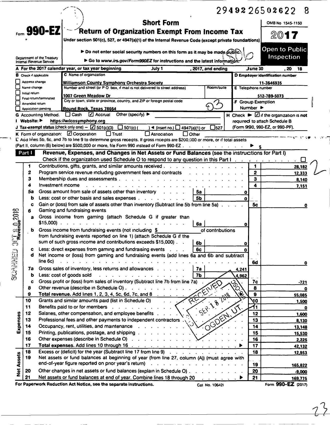 Image of first page of 2017 Form 990EZ for Williamson County Symphony Orchestra Society