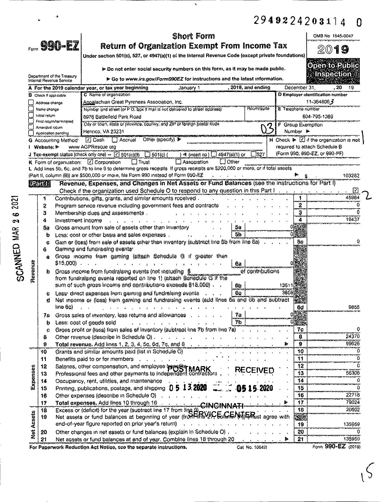 Image of first page of 2019 Form 990EZ for Appalachian Great Pyrenees Association