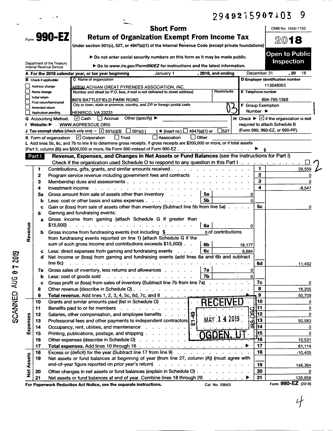 Image of first page of 2018 Form 990EZ for Appalachian Great Pyrenees Association