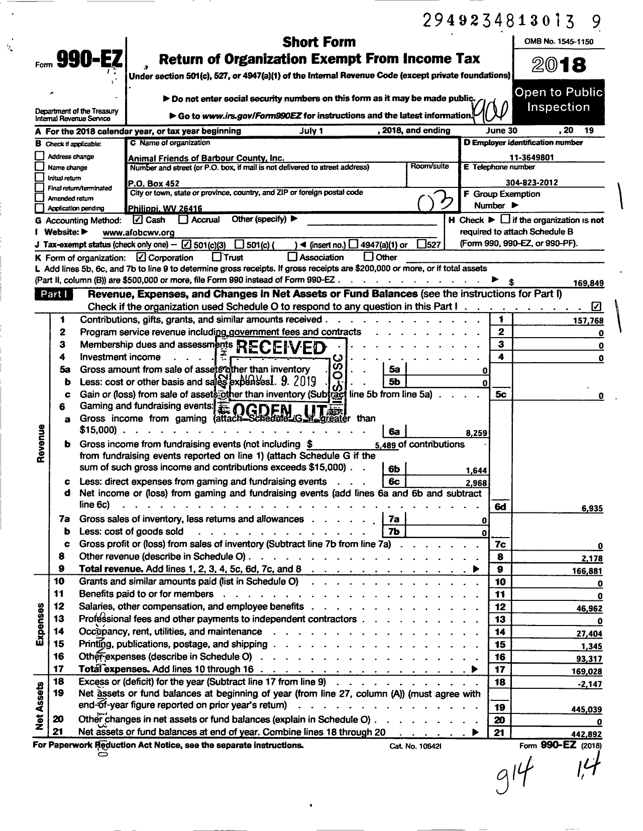 Image of first page of 2018 Form 990EZ for Animal Friends of Barbour County