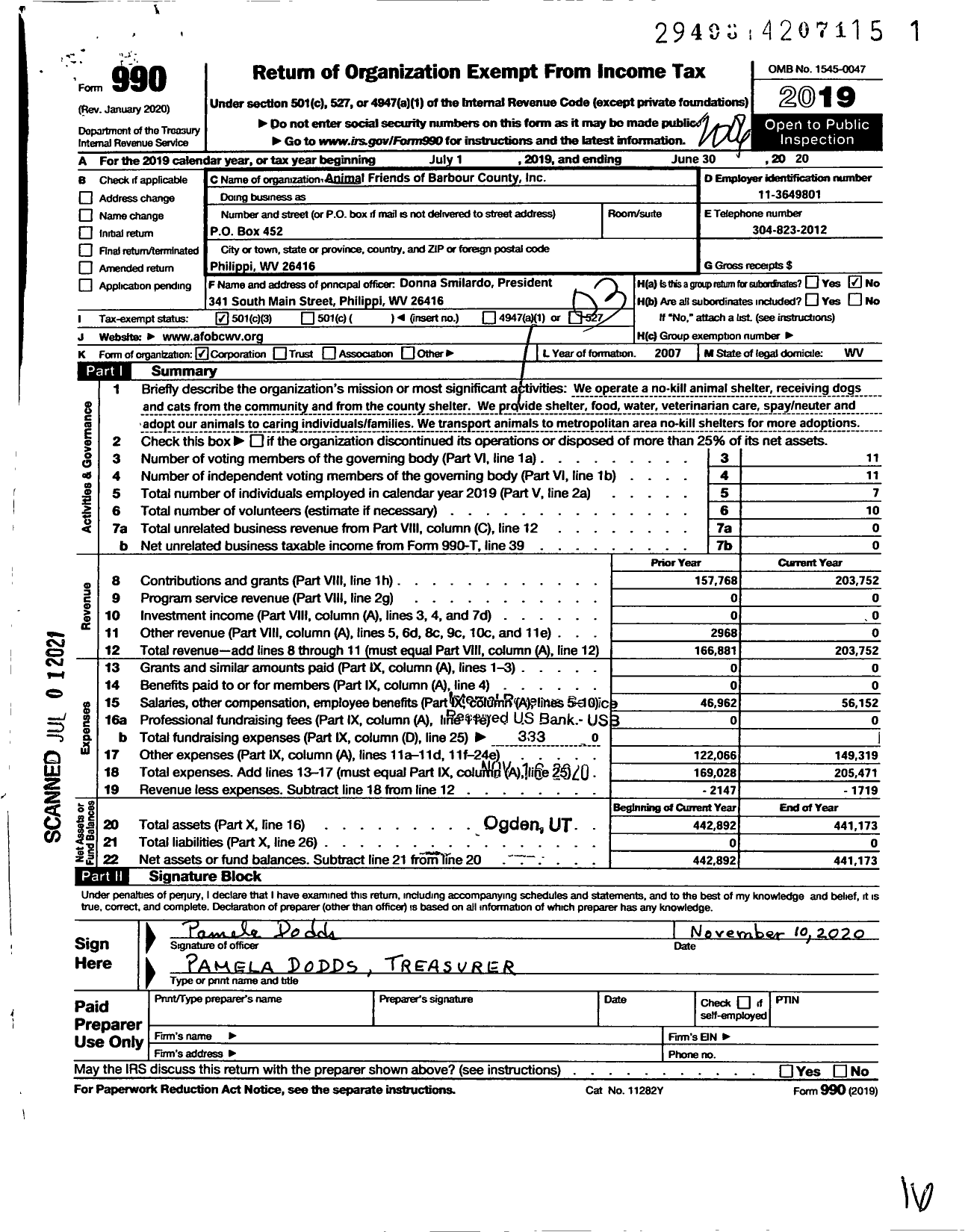 Image of first page of 2019 Form 990 for Animal Friends of Barbour County