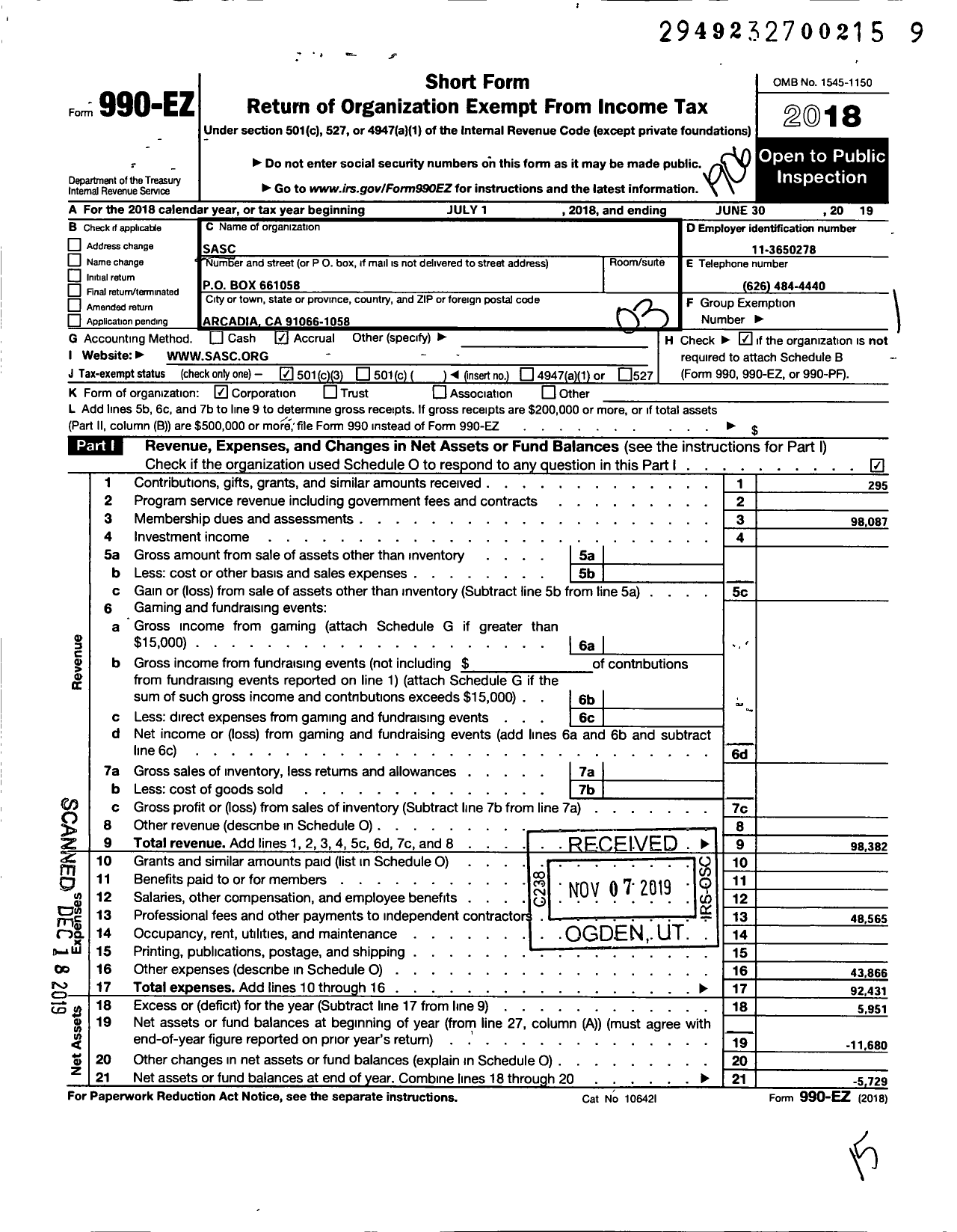 Image of first page of 2018 Form 990EZ for Sasc