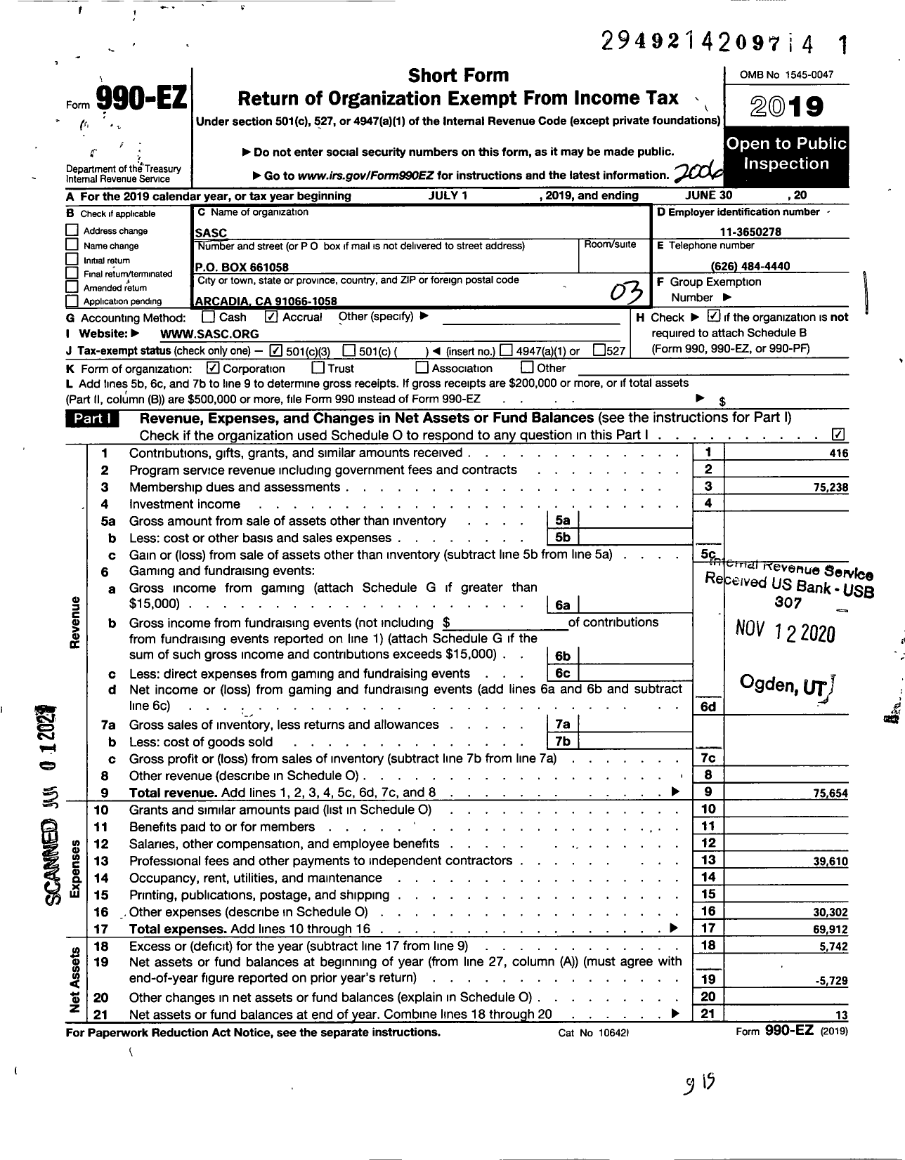 Image of first page of 2019 Form 990EZ for Sasc