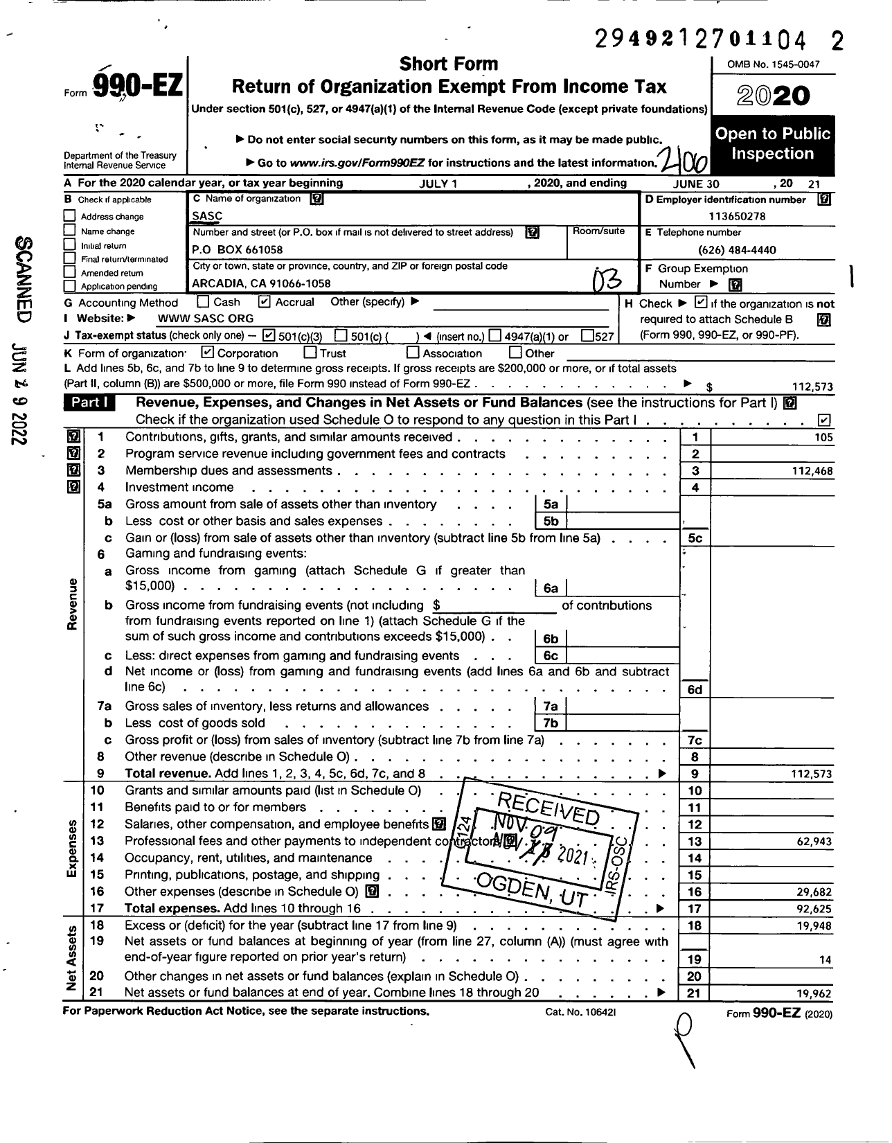 Image of first page of 2020 Form 990EZ for Sasc