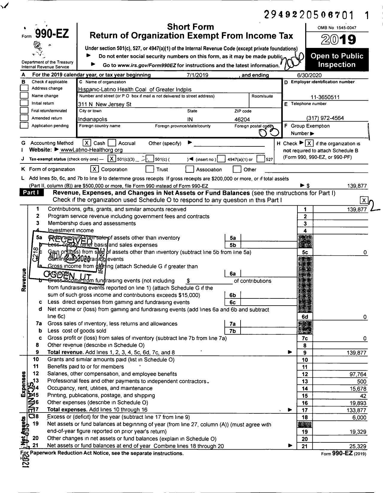 Image of first page of 2019 Form 990EZ for Hispanic-Lantino Health Coal of Greater Indplis