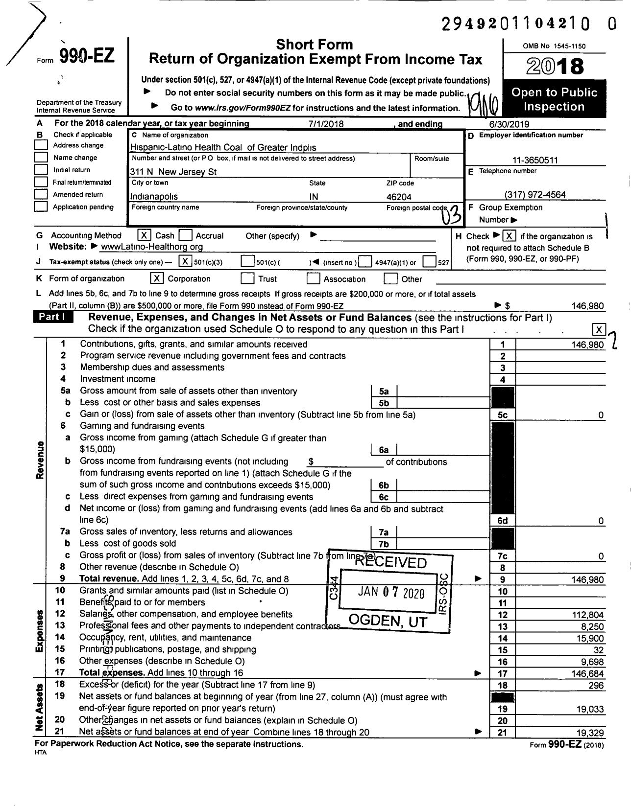 Image of first page of 2018 Form 990EZ for Hispanic-Lantino Health Coal of Greater Indplis