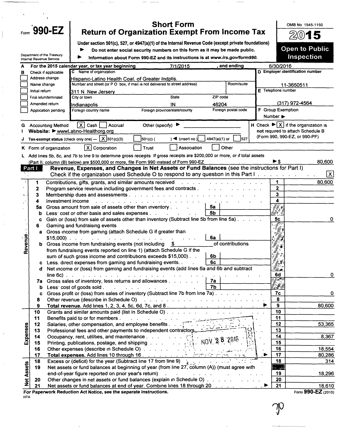 Image of first page of 2015 Form 990EZ for Hispanic-Lantino Health Coal of Greater Indplis