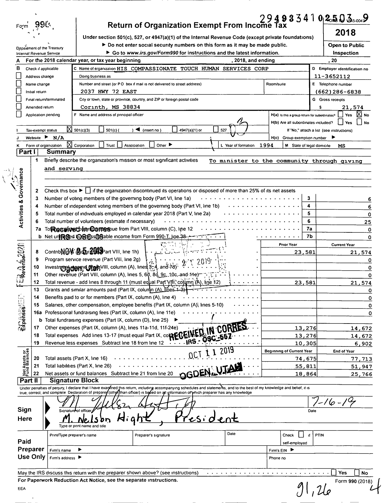 Image of first page of 2018 Form 990 for His Compassionate Touch Human Services Corporation