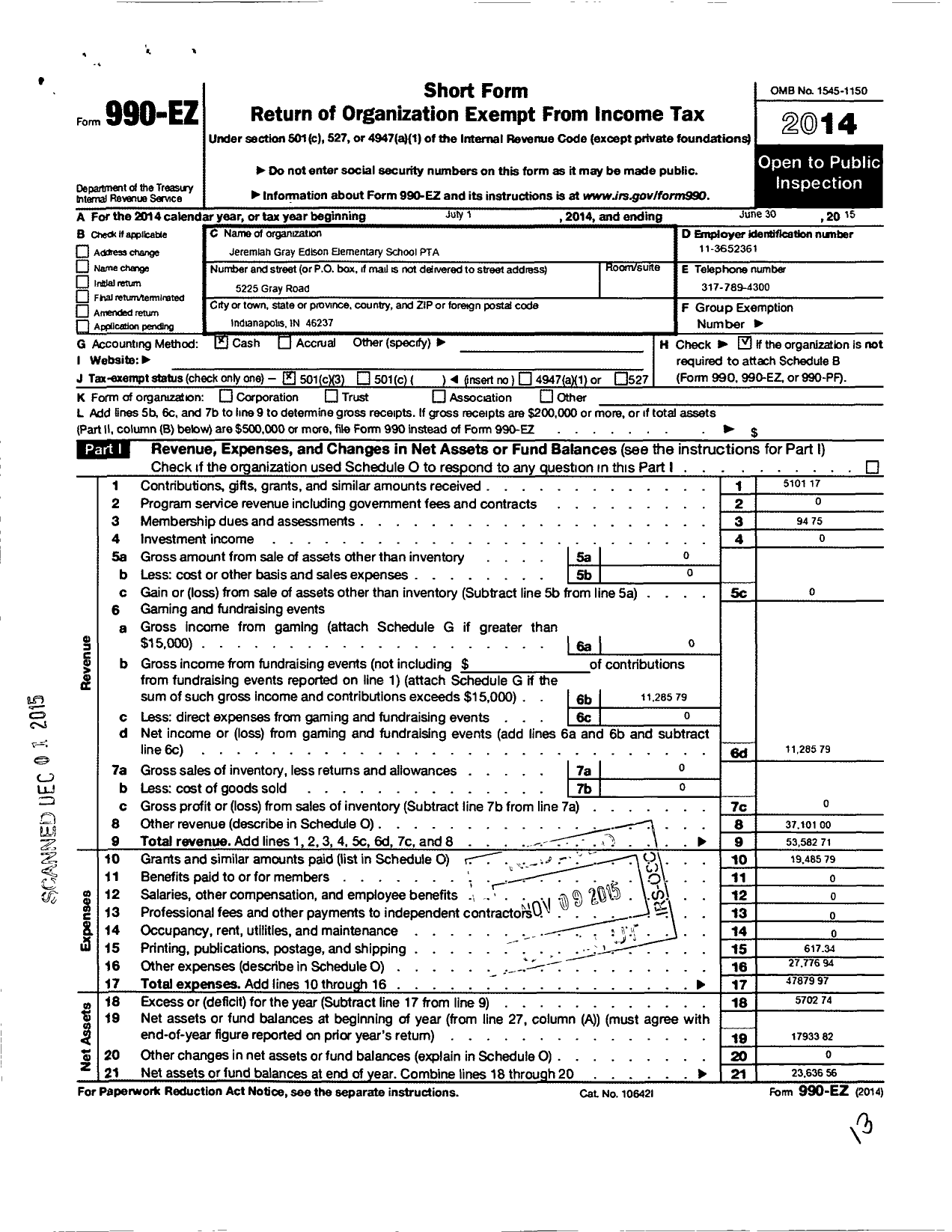 Image of first page of 2014 Form 990EZ for Indiana Congress of Parents and Teachers / Jeremiah Gray Elementary PTA