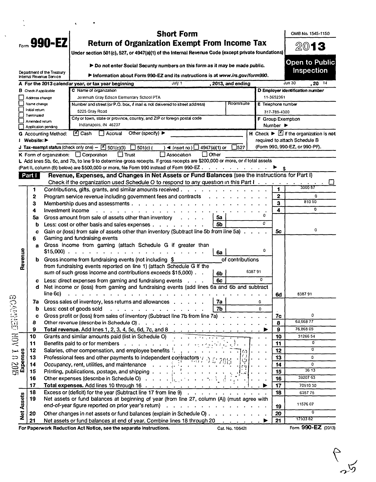 Image of first page of 2013 Form 990EZ for Indiana Congress of Parents and Teachers / Jeremiah Gray Elementary PTA