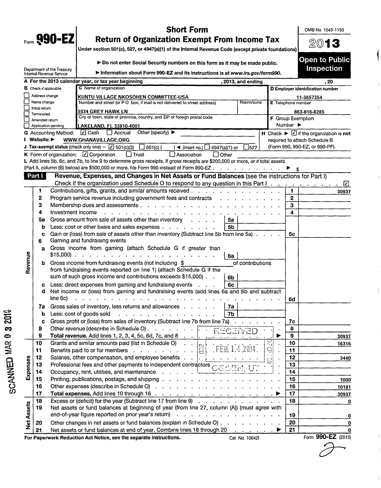 Image of first page of 2013 Form 990EZ for Kuntu Village Nkosohen Committee USA