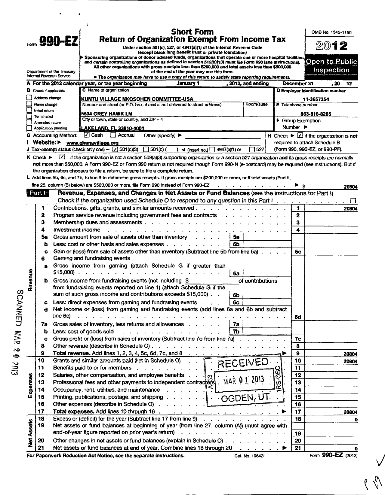 Image of first page of 2012 Form 990EZ for Kuntu Village Nkosohen Committee USA