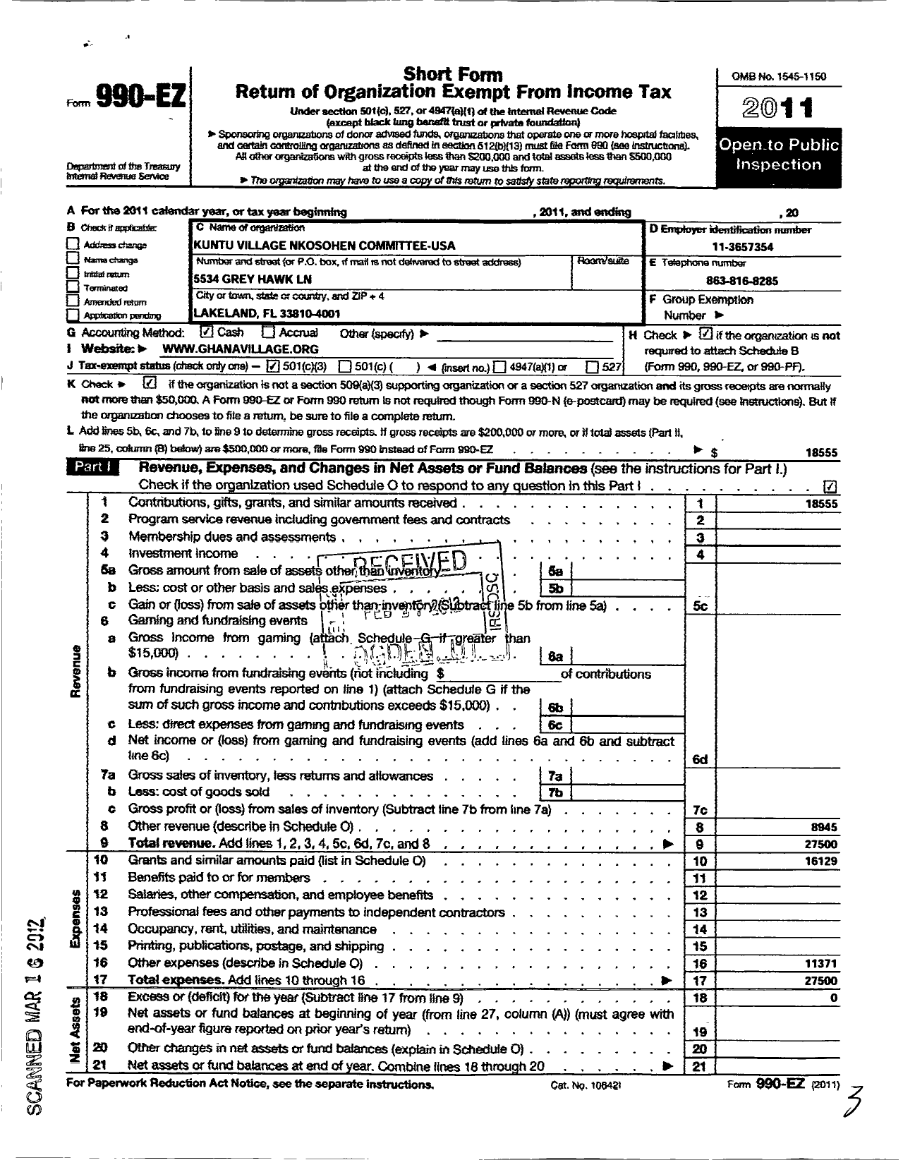 Image of first page of 2011 Form 990EZ for Kuntu Village Nkosohen Committee USA