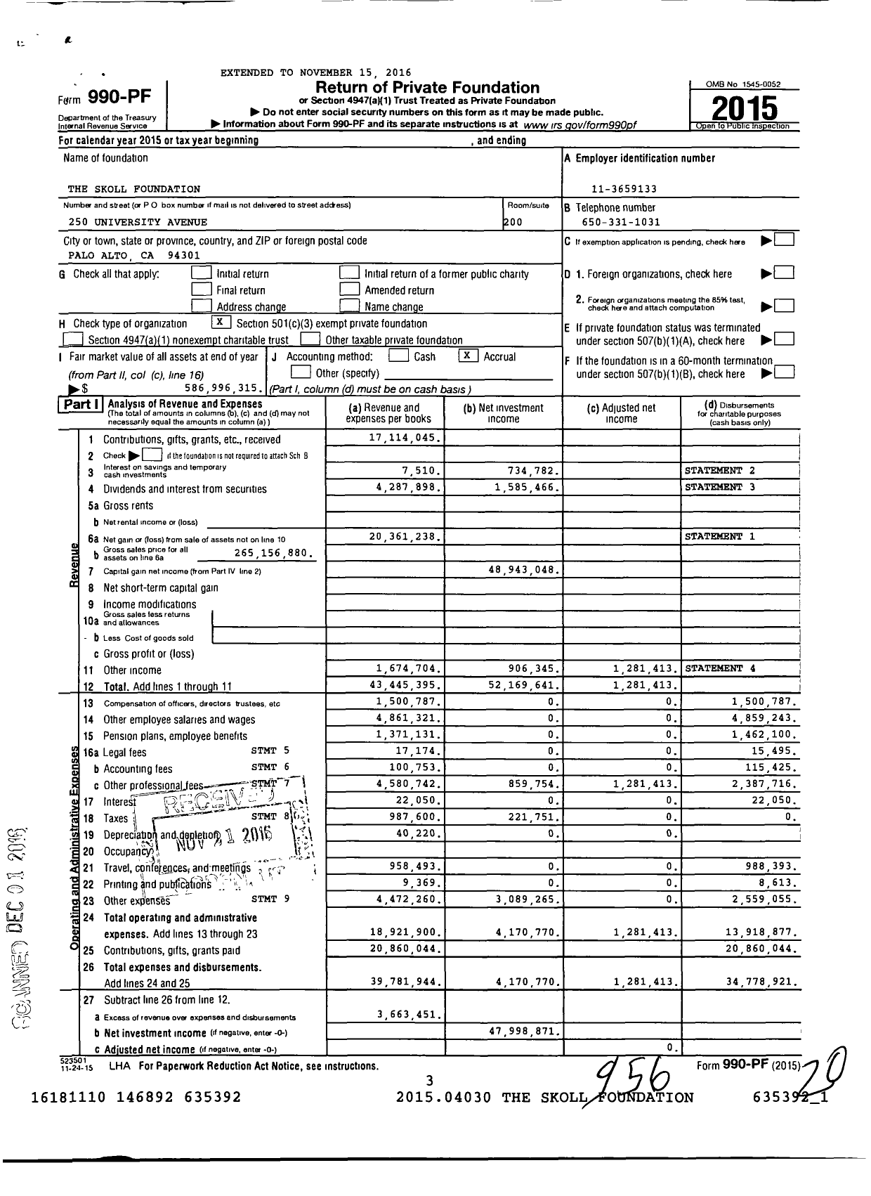 Image of first page of 2015 Form 990PF for Skoll Foundation