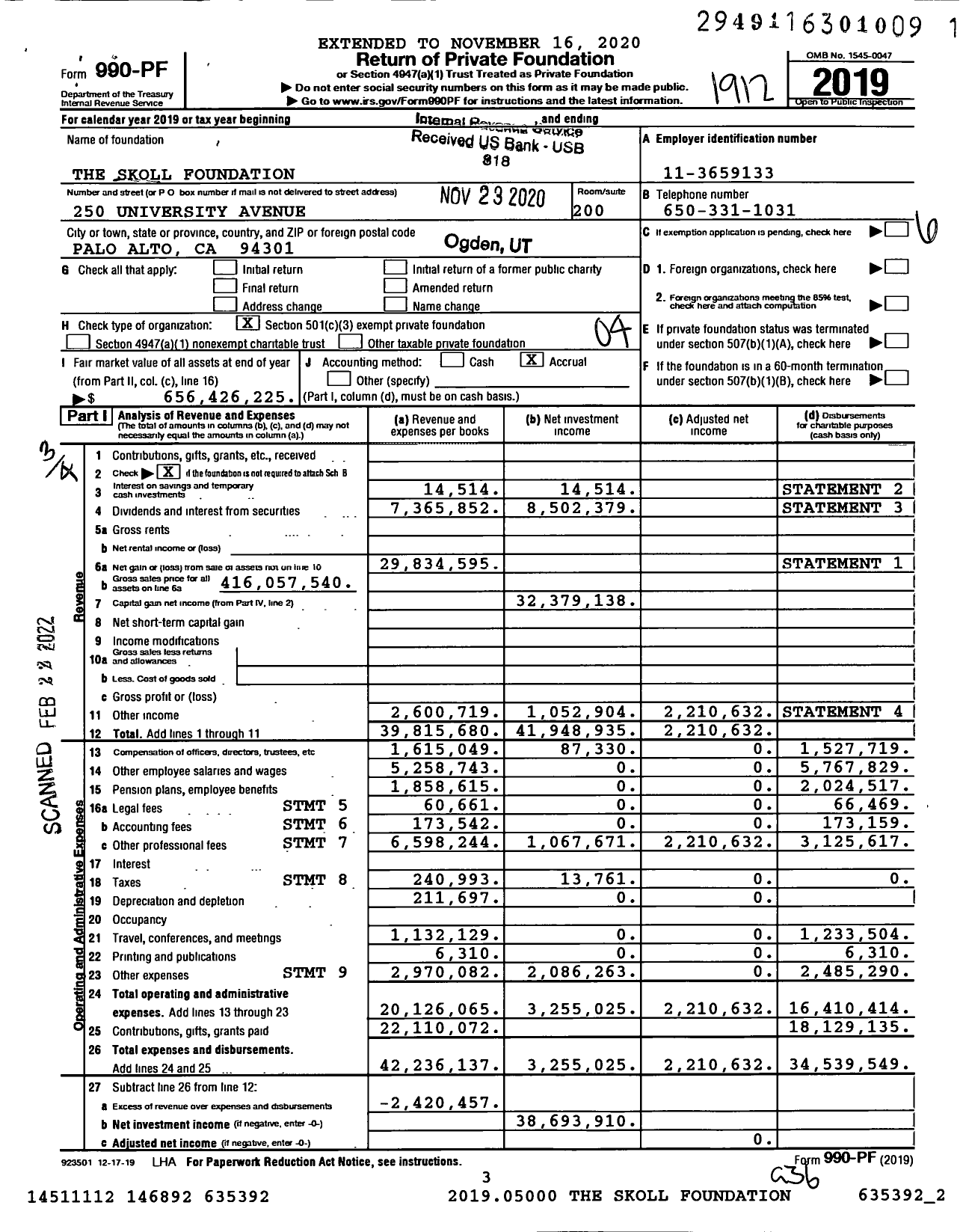 Image of first page of 2019 Form 990PF for Skoll Foundation