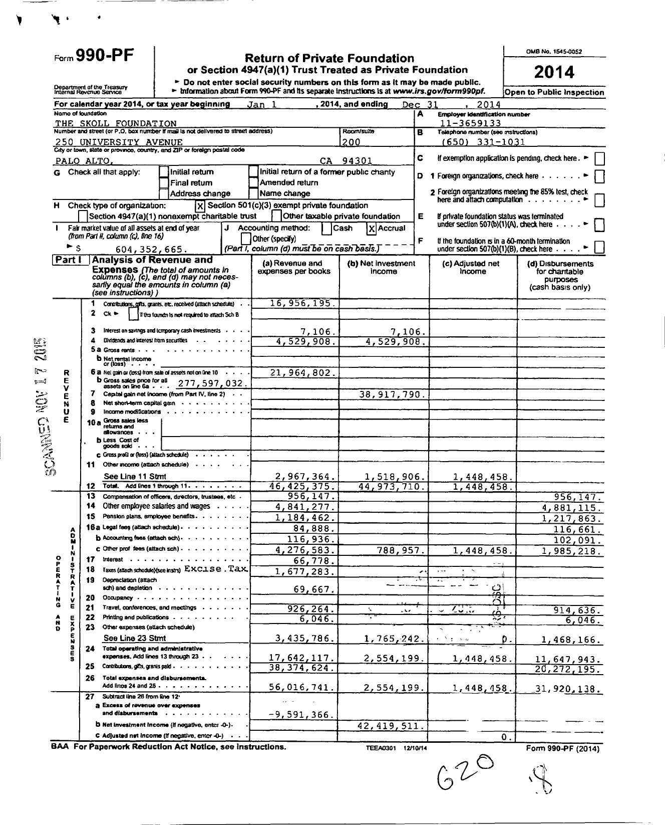 Image of first page of 2014 Form 990PF for Skoll Foundation