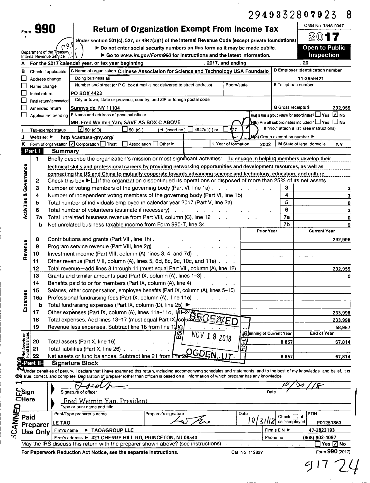 Image of first page of 2017 Form 990 for Chinese Association for Science and Technology USA Greater New York