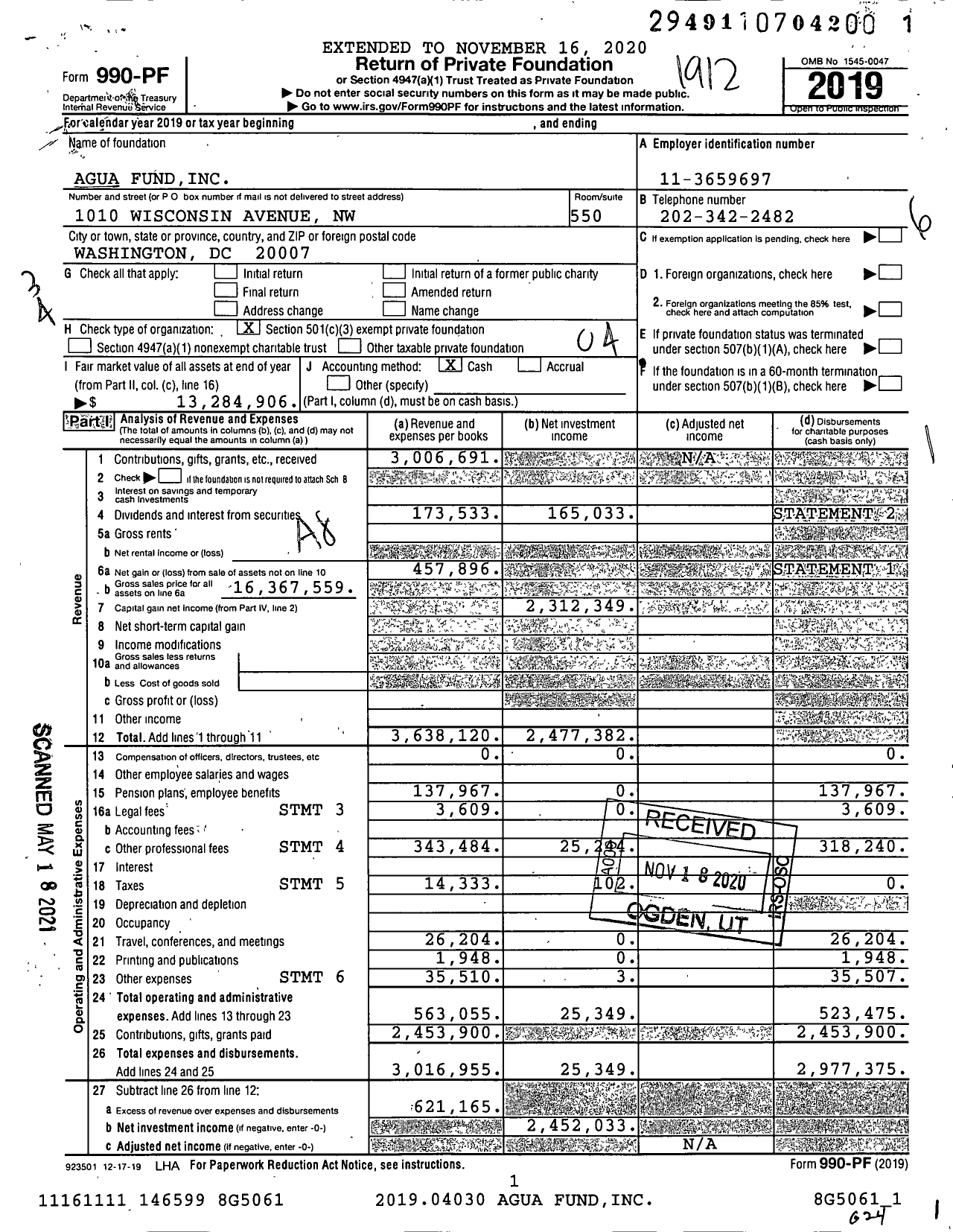 Image of first page of 2019 Form 990PF for Agua Fund