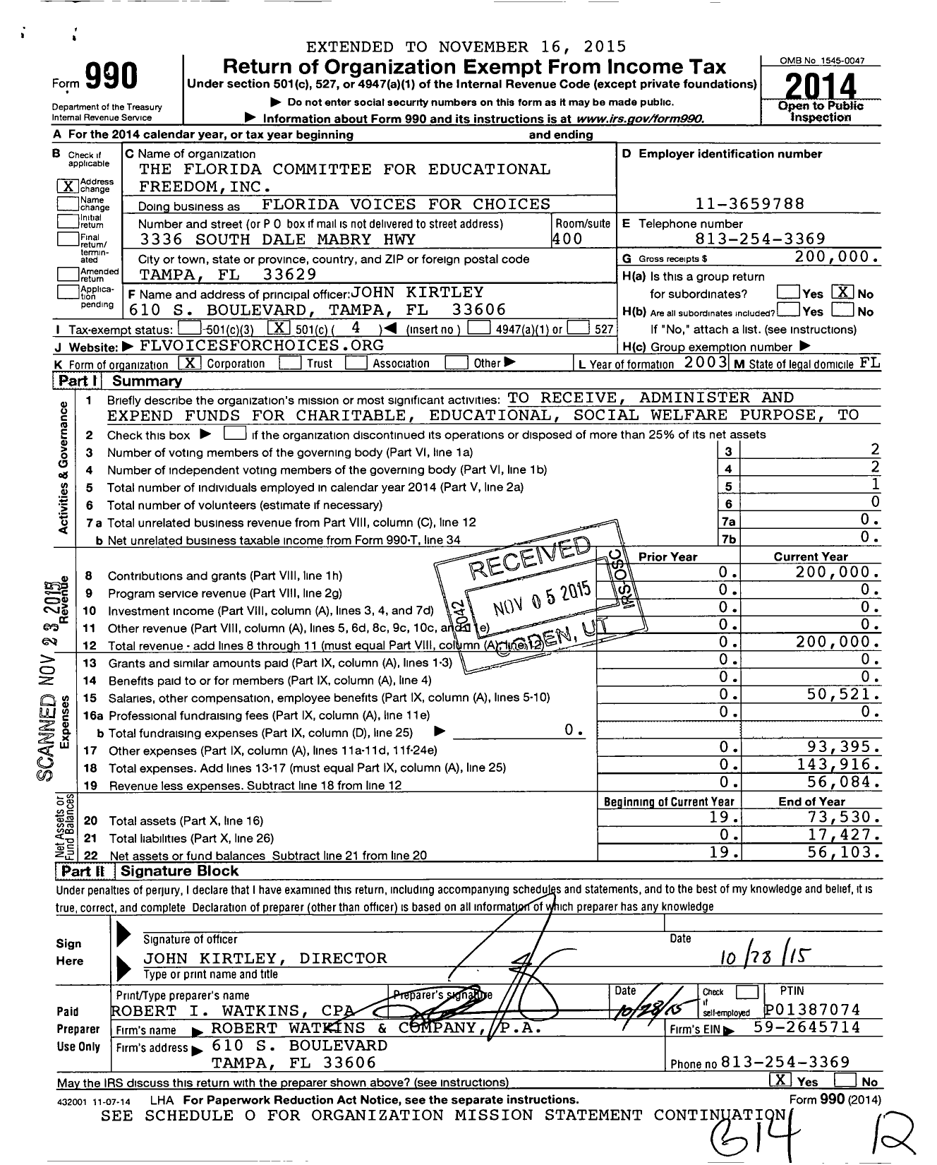 Image of first page of 2014 Form 990O for Florida Committee for Educational Freedom