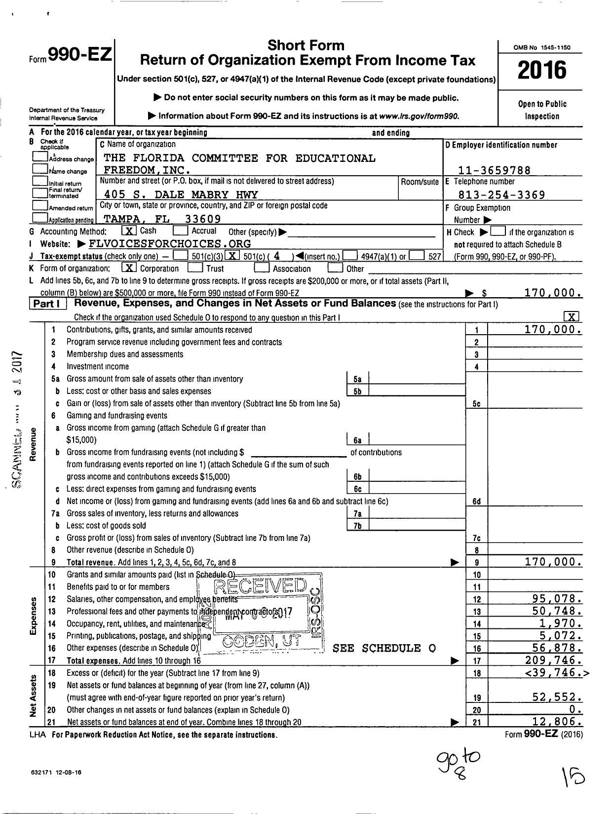 Image of first page of 2016 Form 990EO for Florida Committee for Educational Freedom