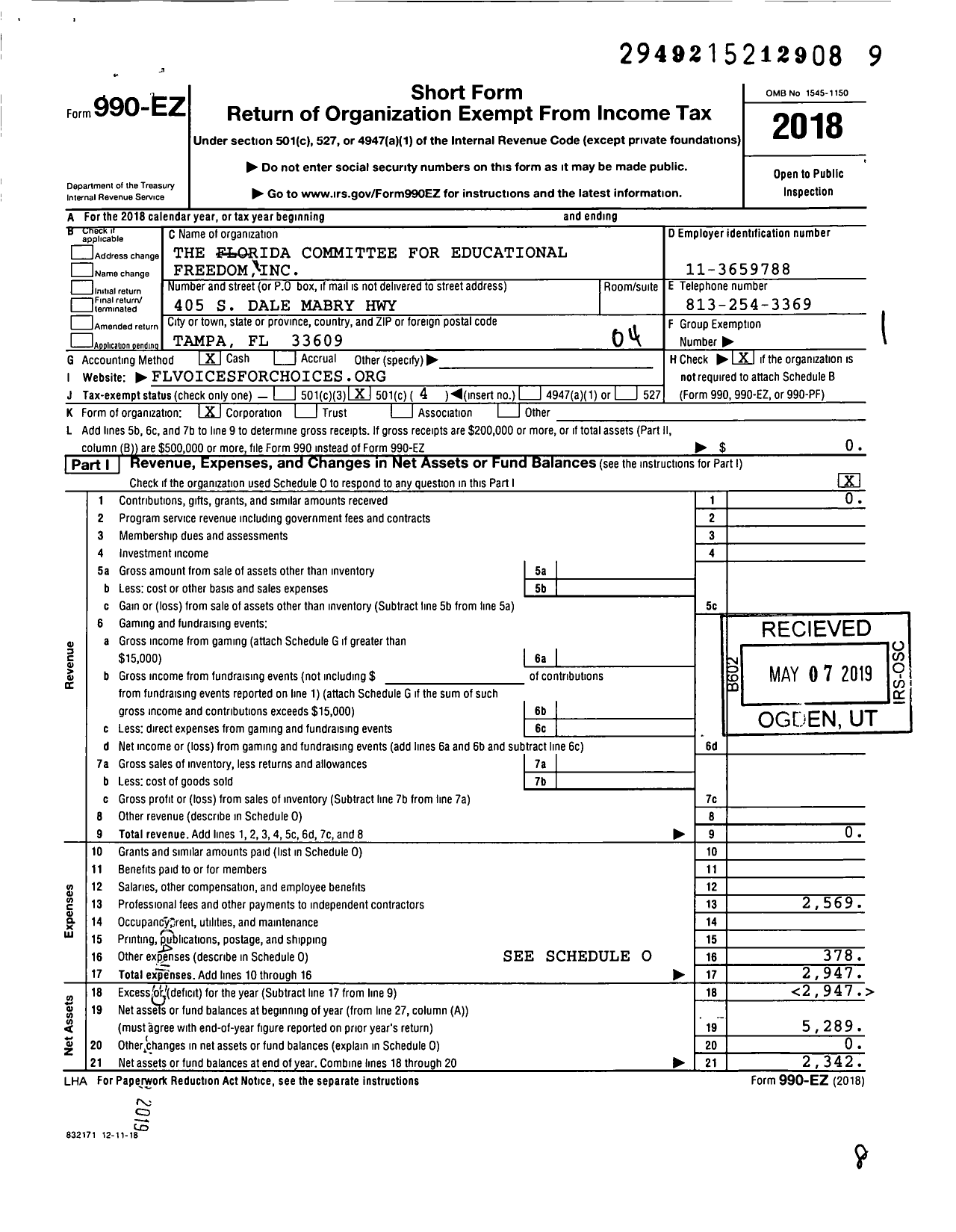 Image of first page of 2018 Form 990EO for Florida Committee for Educational Freedom