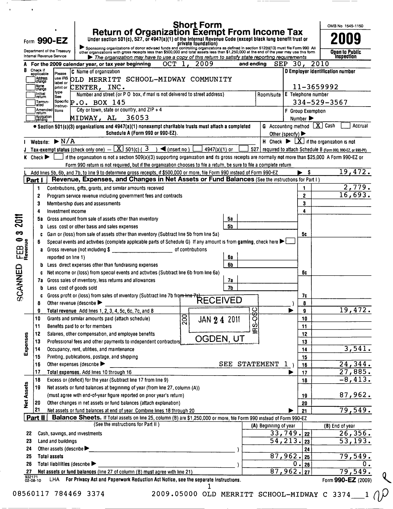 Image of first page of 2009 Form 990EZ for Old Merritt School-Midway Community Center