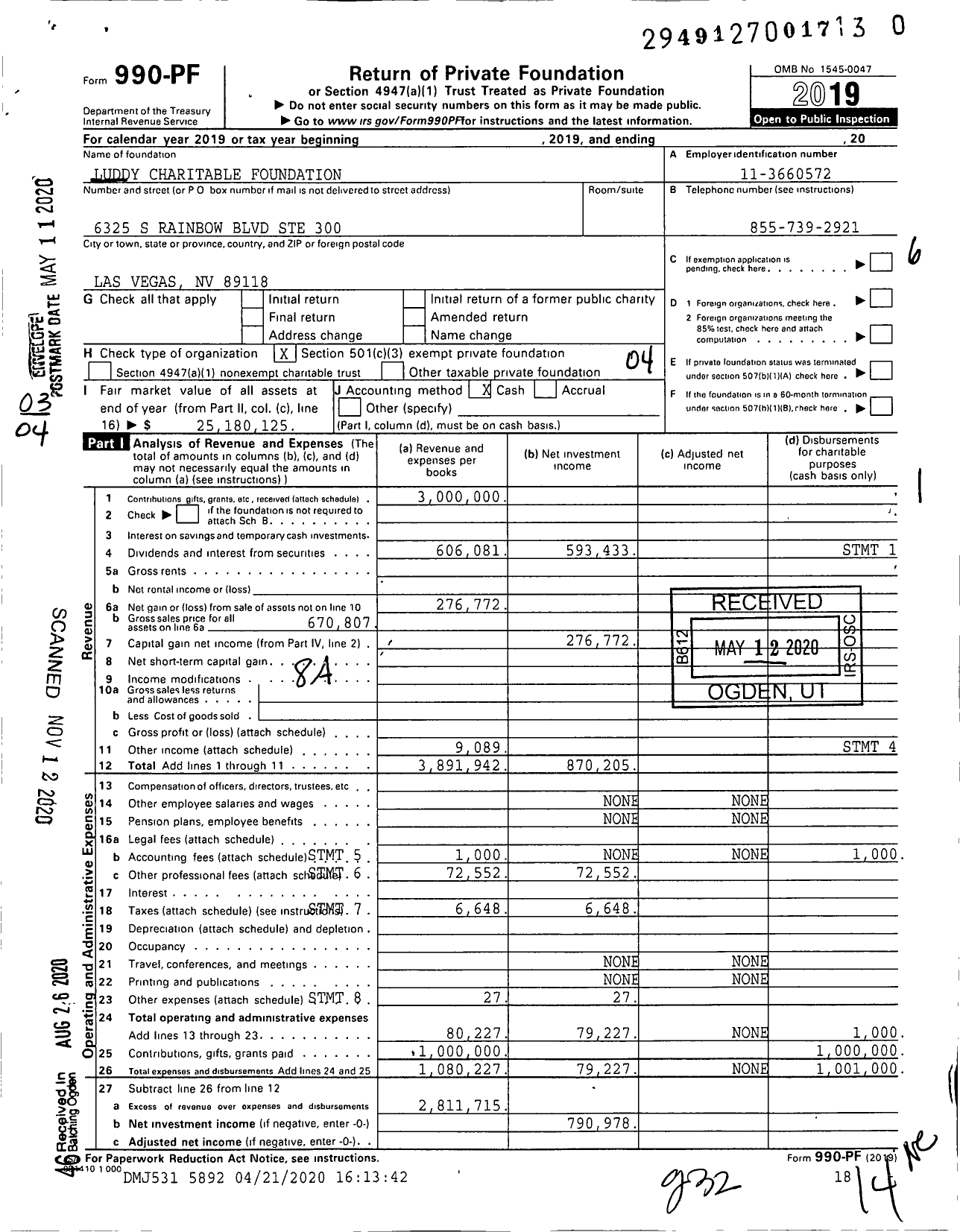 Image of first page of 2019 Form 990PF for Luddy Charitable Foundation