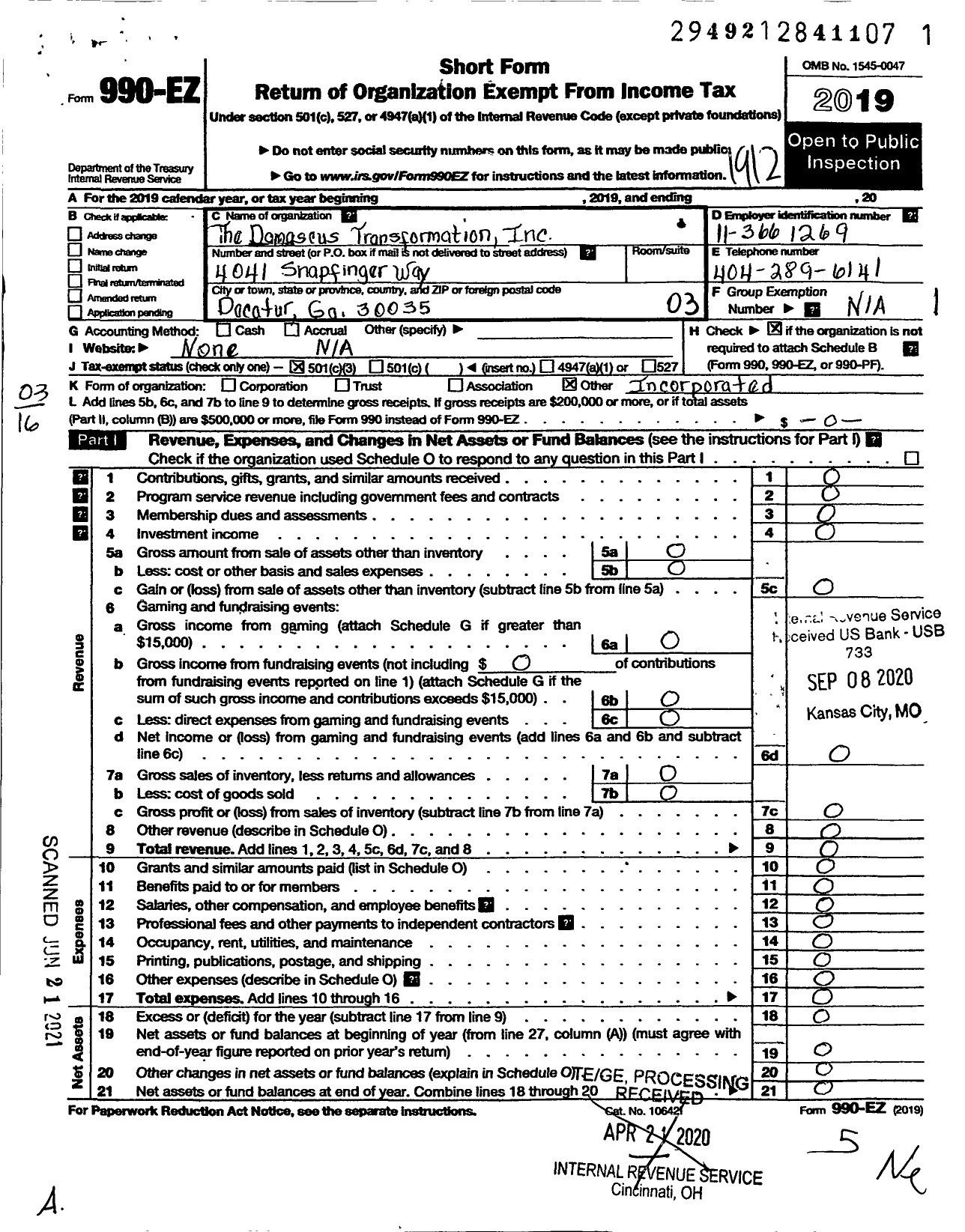 Image of first page of 2019 Form 990EZ for Damascus Transformation