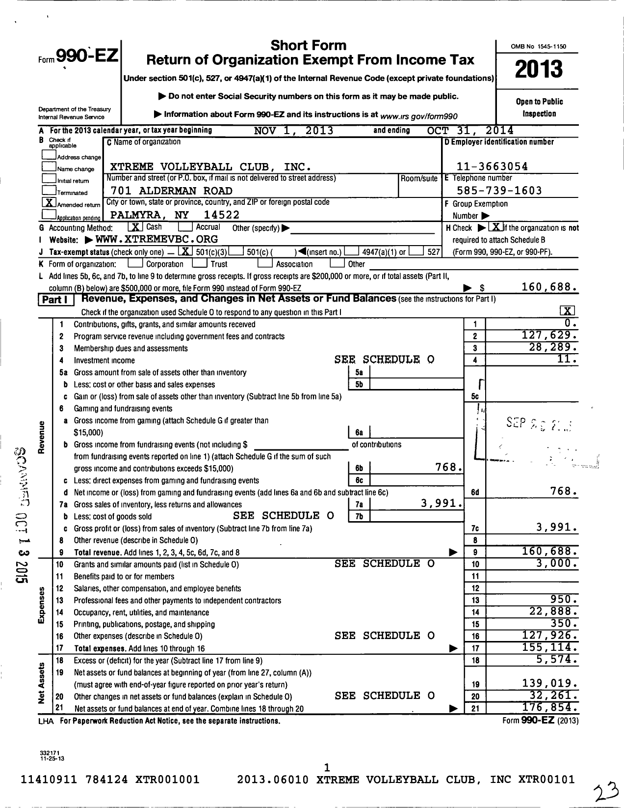 Image of first page of 2013 Form 990EZ for Xtreme Volleyball Club