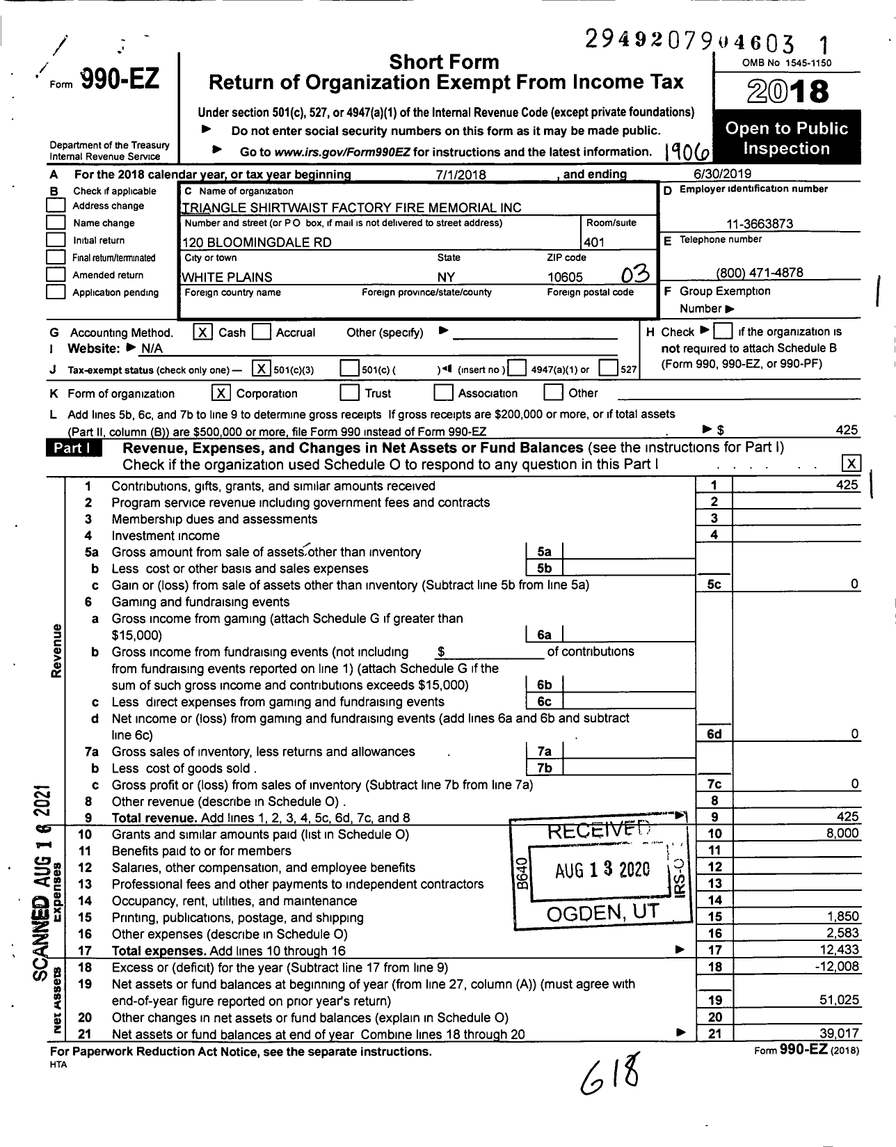 Image of first page of 2018 Form 990EZ for Triangle Shirtwaist Factory Fire Memorial