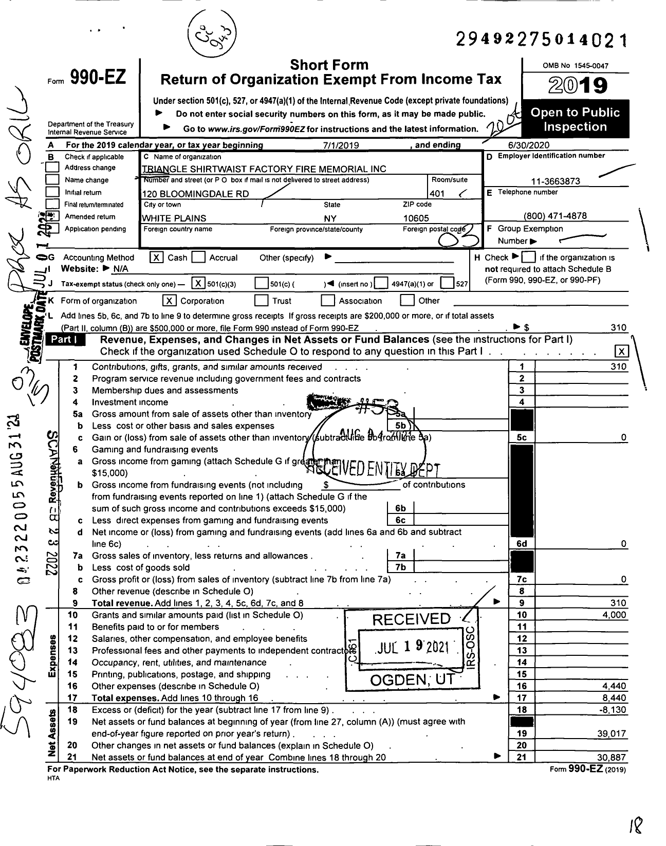 Image of first page of 2019 Form 990EZ for Triangle Shirtwaist Factory Fire Memorial