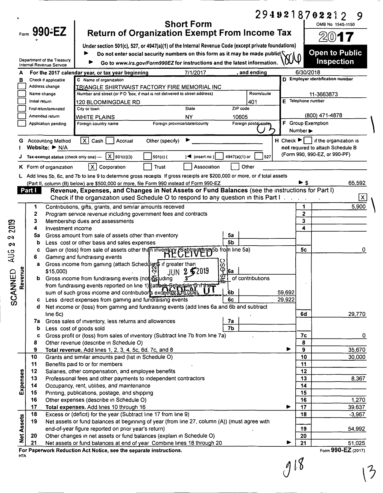 Image of first page of 2017 Form 990EZ for Triangle Shirtwaist Factory Fire Memorial