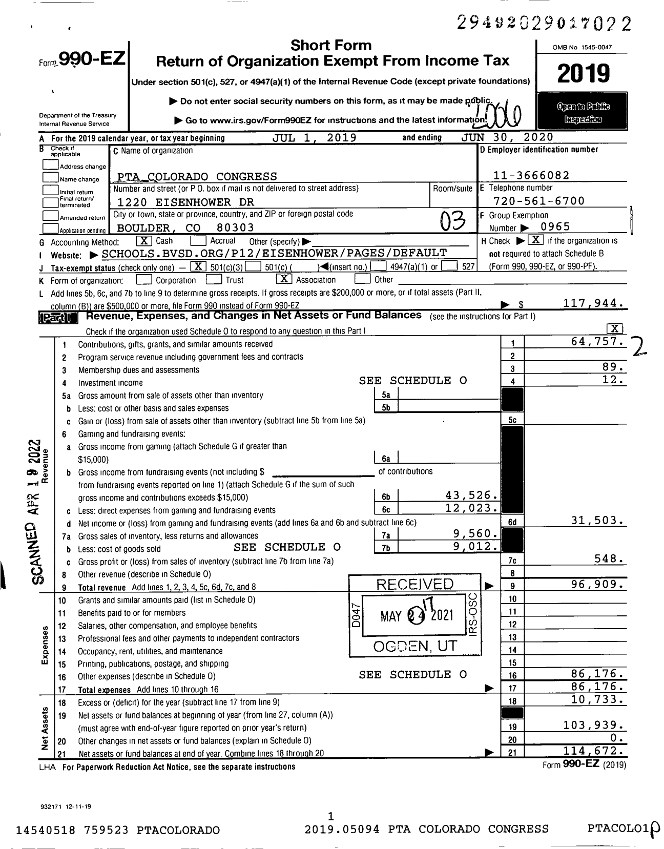 Image of first page of 2019 Form 990EZ for PTA Colorado Congress / Eisenhower Elementary PTA