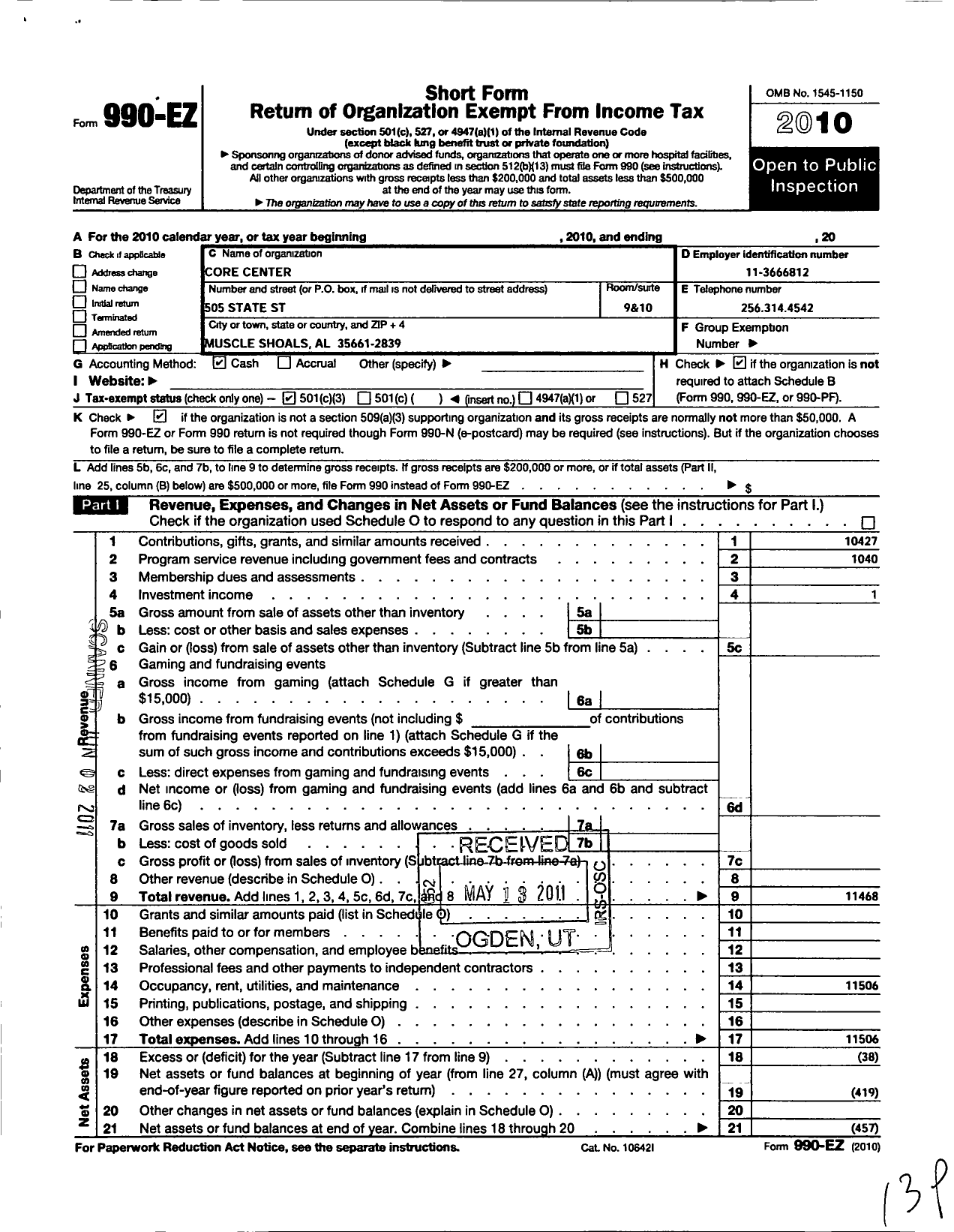 Image of first page of 2010 Form 990EZ for The Core Center