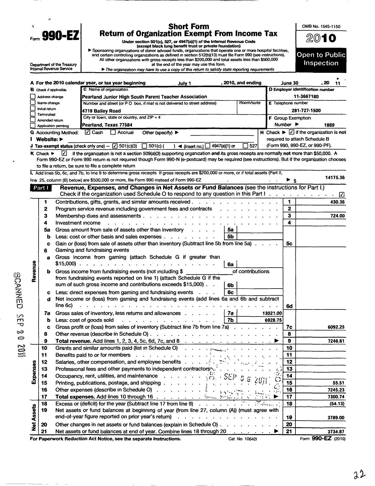 Image of first page of 2010 Form 990EZ for Texas PTA - 10350 Pearland Junior High South