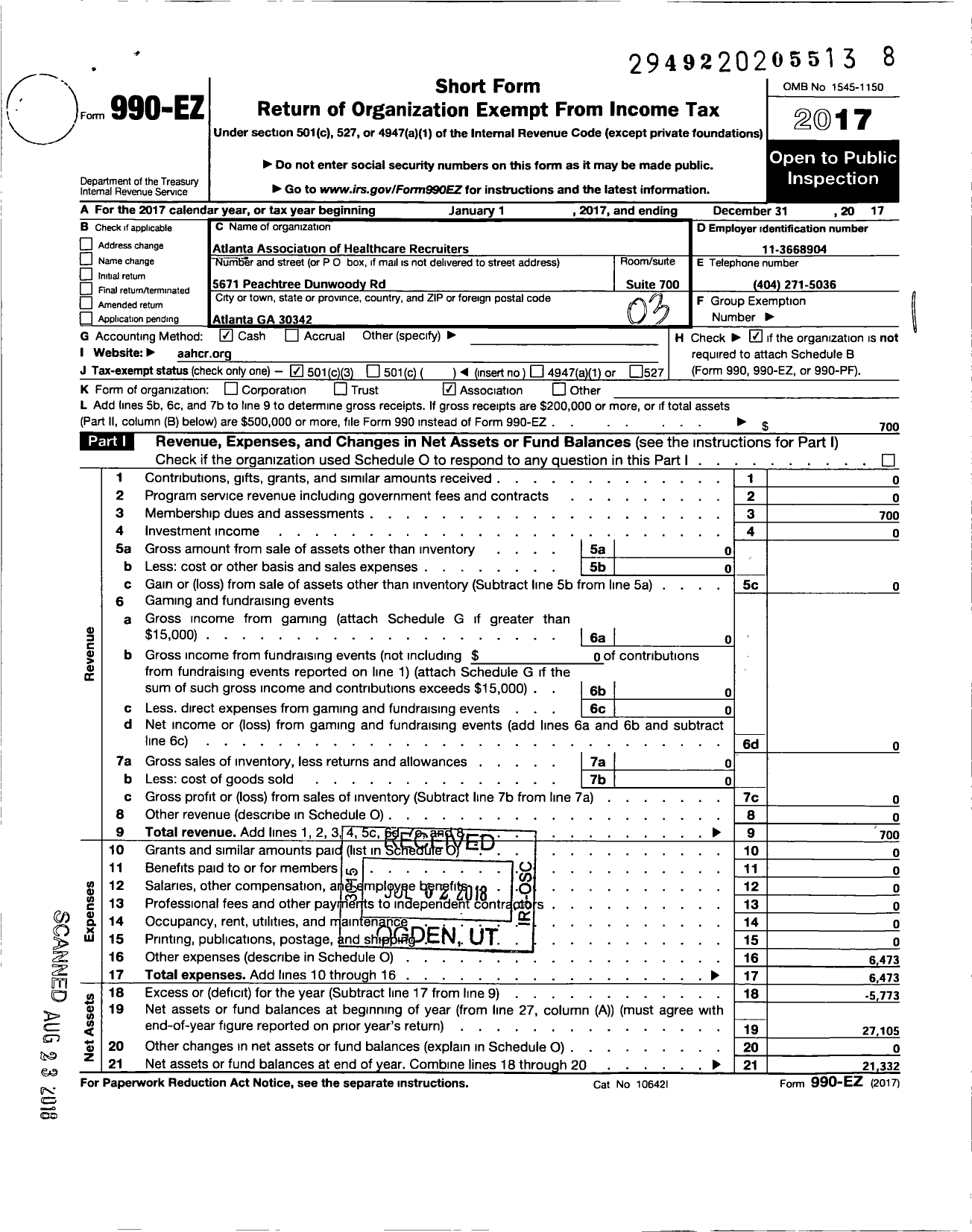 Image of first page of 2017 Form 990EZ for Atlanta Association of Healthcare Recruiters