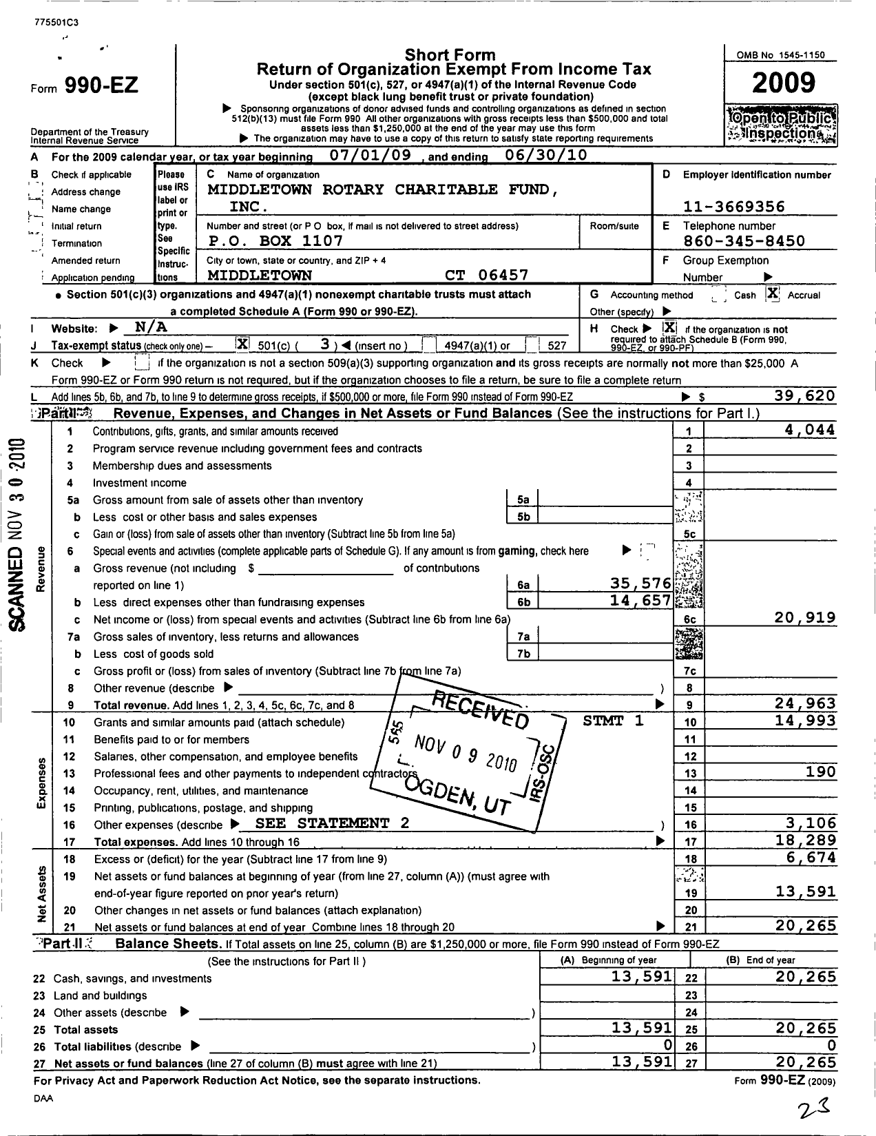 Image of first page of 2009 Form 990EZ for Middletown Rotary Charitable Fund