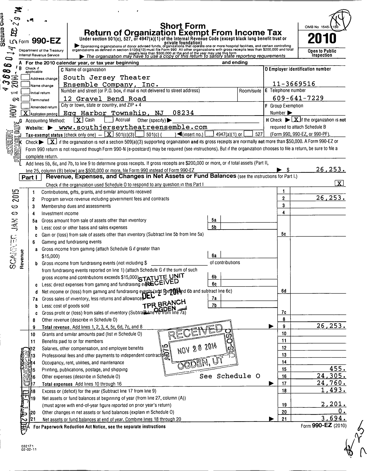 Image of first page of 2010 Form 990EZ for South Jersey Theater Ensemble Company (SJTEC)