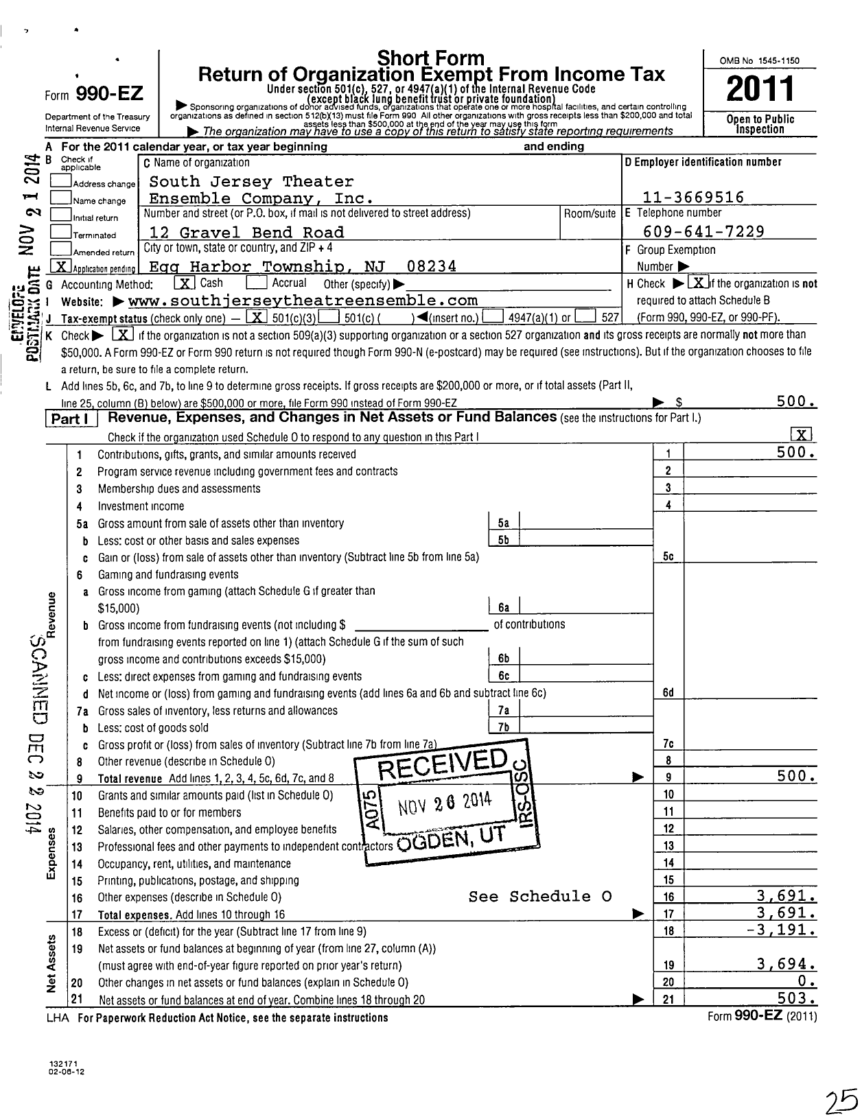 Image of first page of 2011 Form 990EZ for South Jersey Theater Ensemble Company (SJTEC)