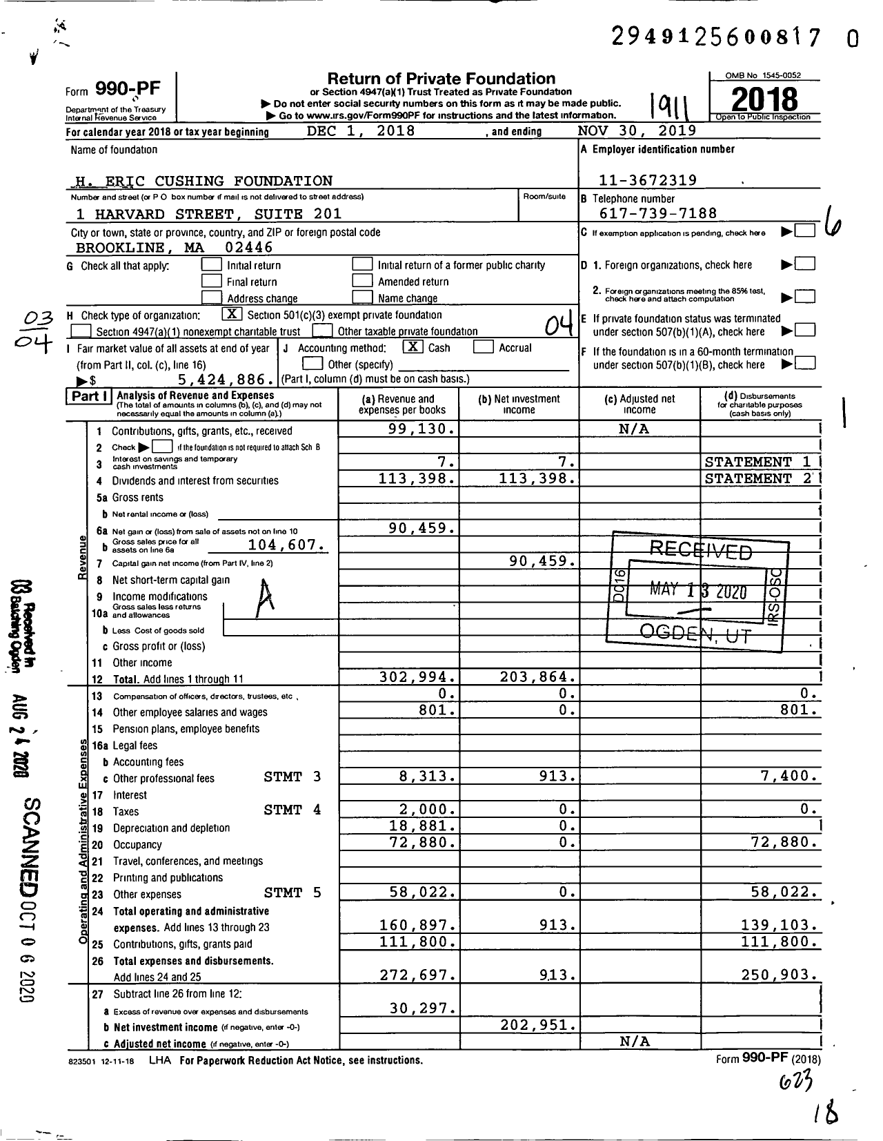 Image of first page of 2018 Form 990PR for H Eric Cushing Foundation