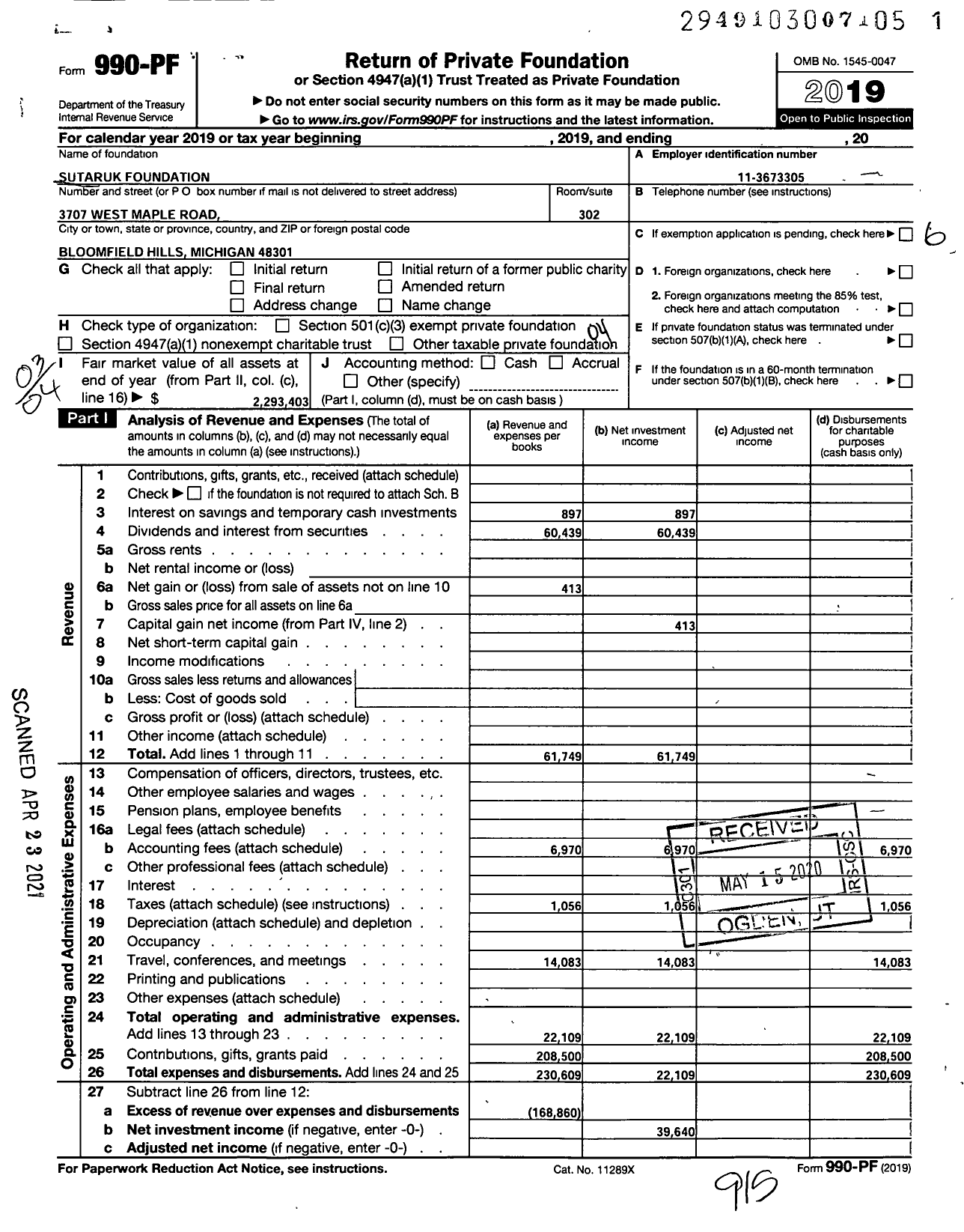 Image of first page of 2019 Form 990PF for Sutaruk Foundation