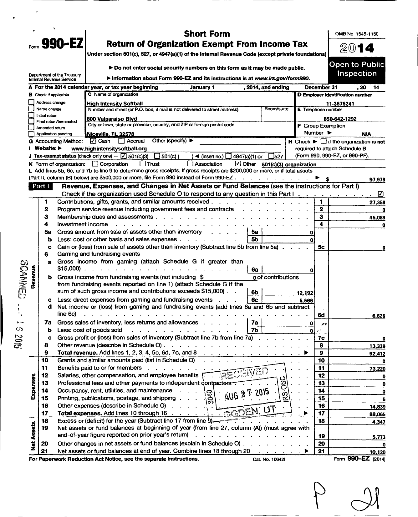 Image of first page of 2014 Form 990EO for High Intensity Softball