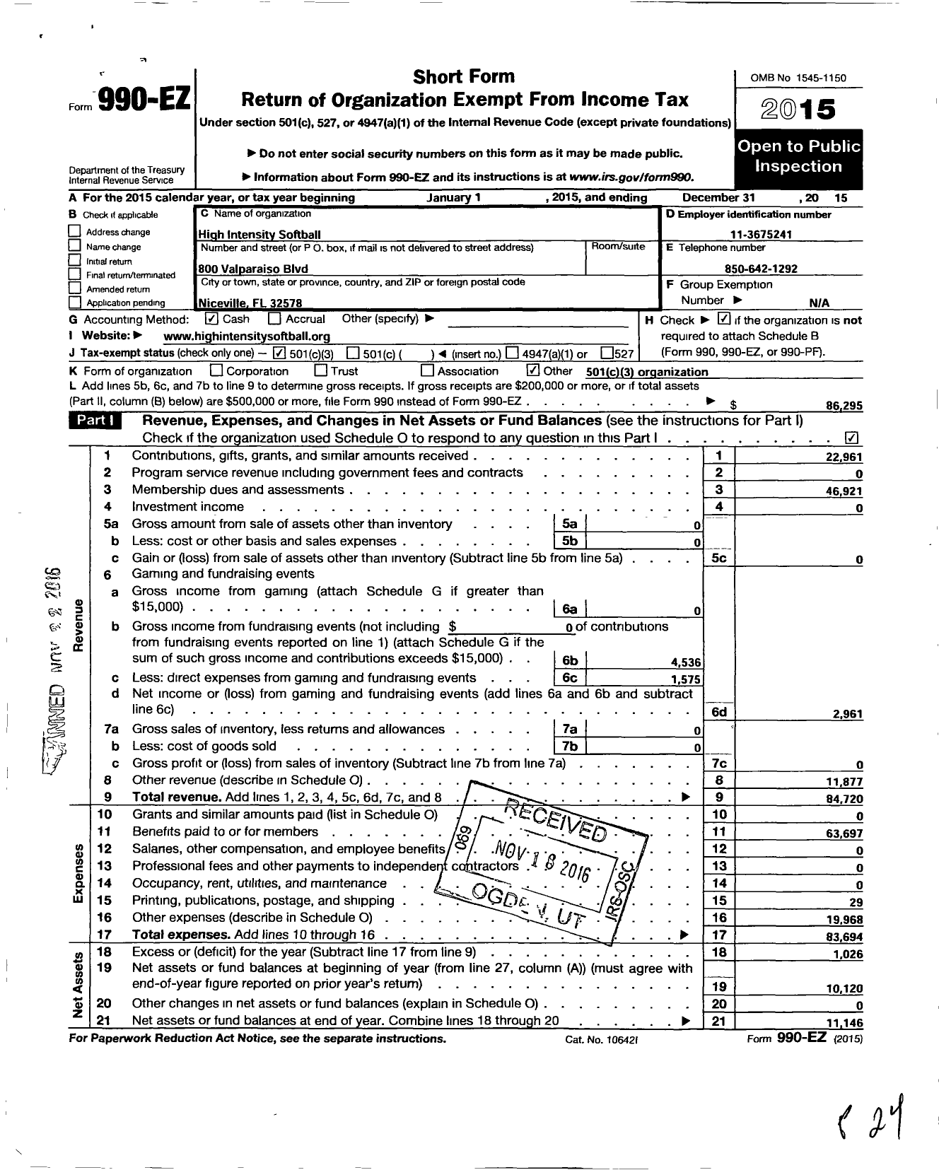 Image of first page of 2015 Form 990EZ for High Intensity Softball