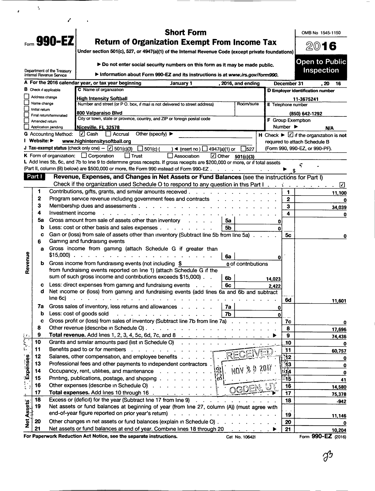 Image of first page of 2016 Form 990EZ for High Intensity Softball