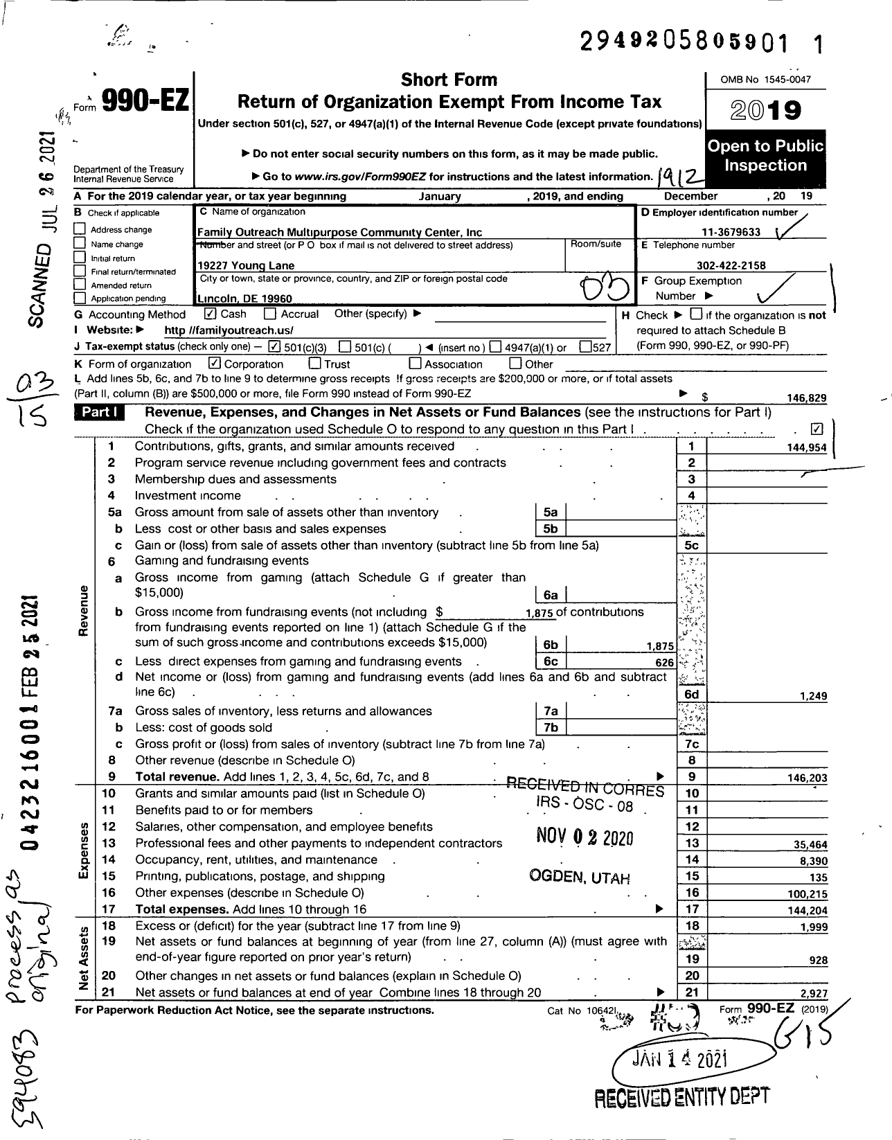 Image of first page of 2019 Form 990EZ for Family Outreach Multi-Purpose Community Center