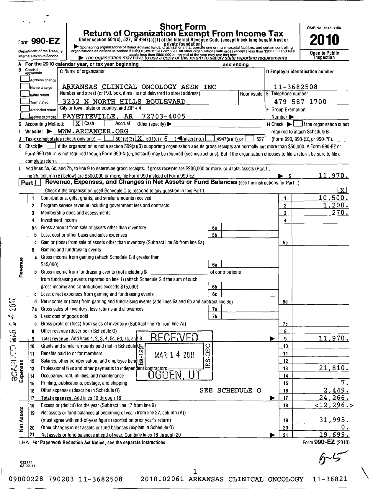 Image of first page of 2010 Form 990EO for Arkansas Clinical Oncology Association