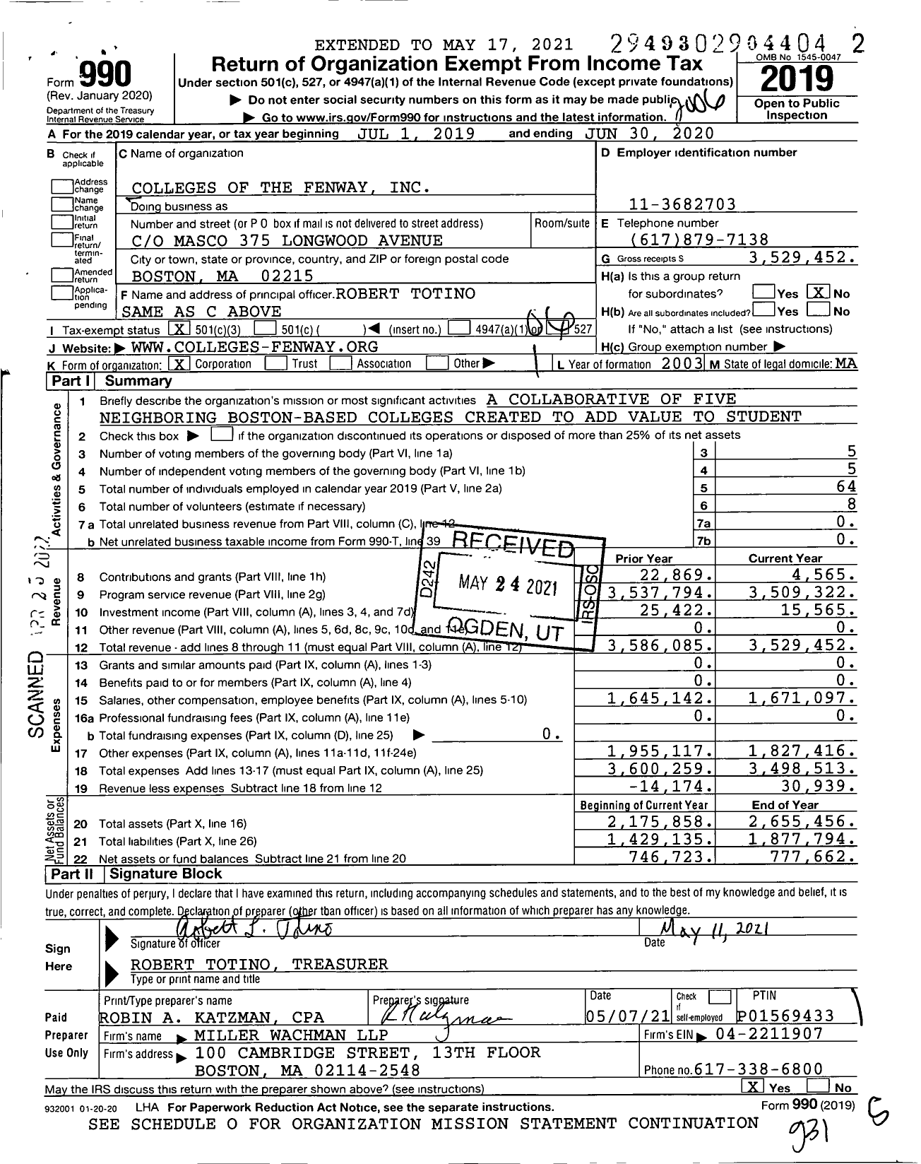 Image of first page of 2019 Form 990O for Colleges of the Fenway