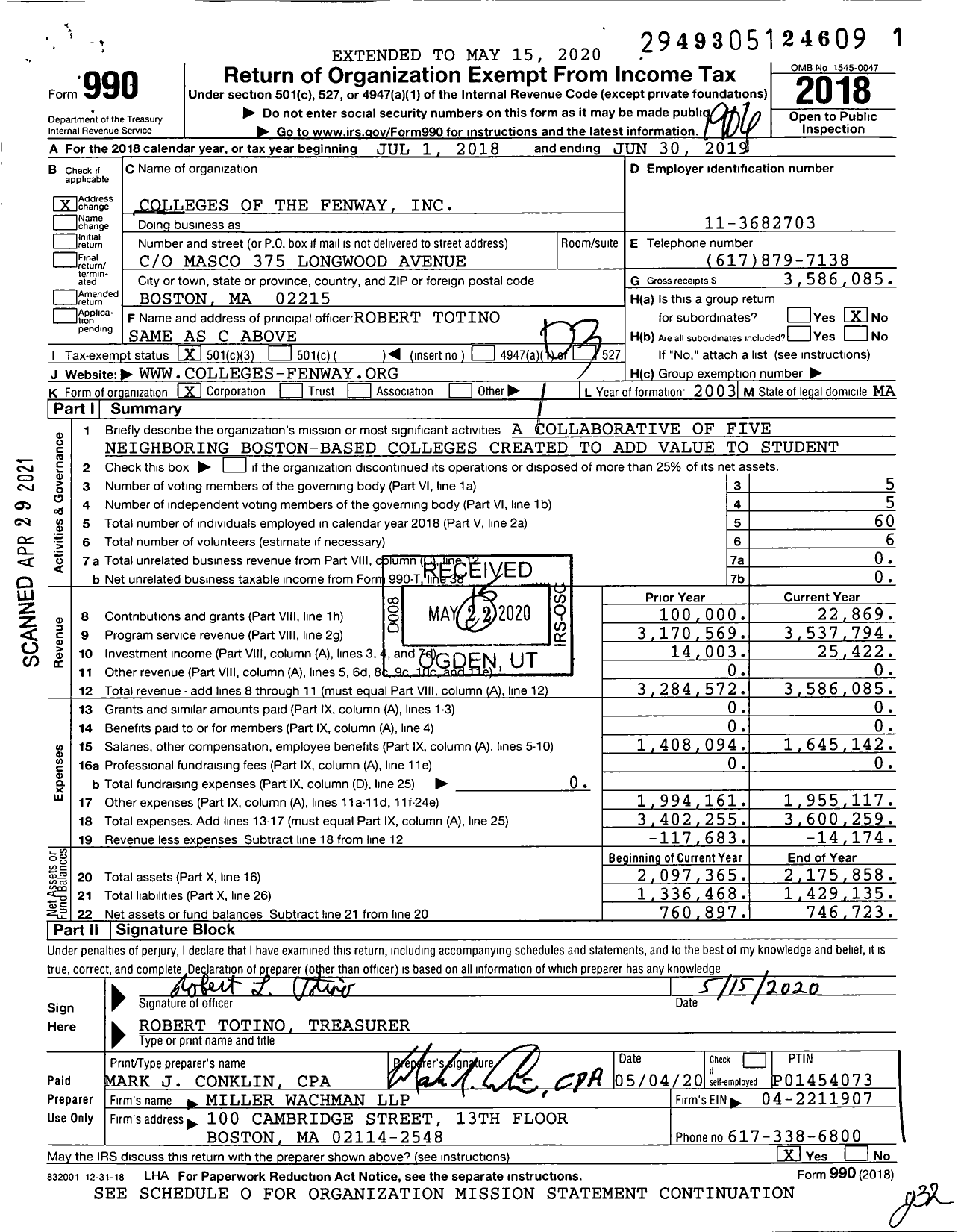 Image of first page of 2018 Form 990 for Colleges of the Fenway